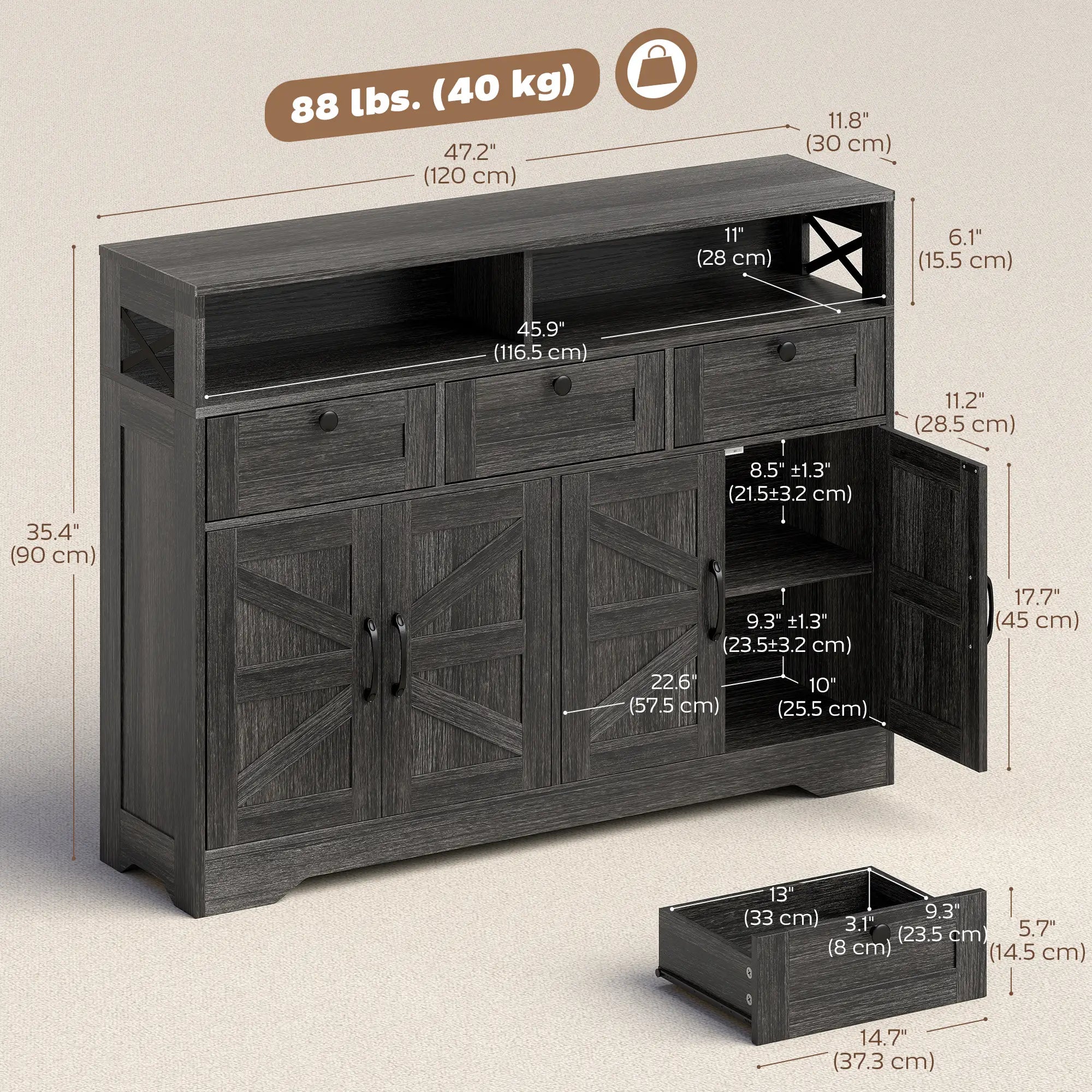 Sideboard Buffet Cabinet, 4 Barn Doors 3 Drawers, Coffee Bar, Adjustable Shelves, Dark Brown Bar Cabinets at Gallery Canada