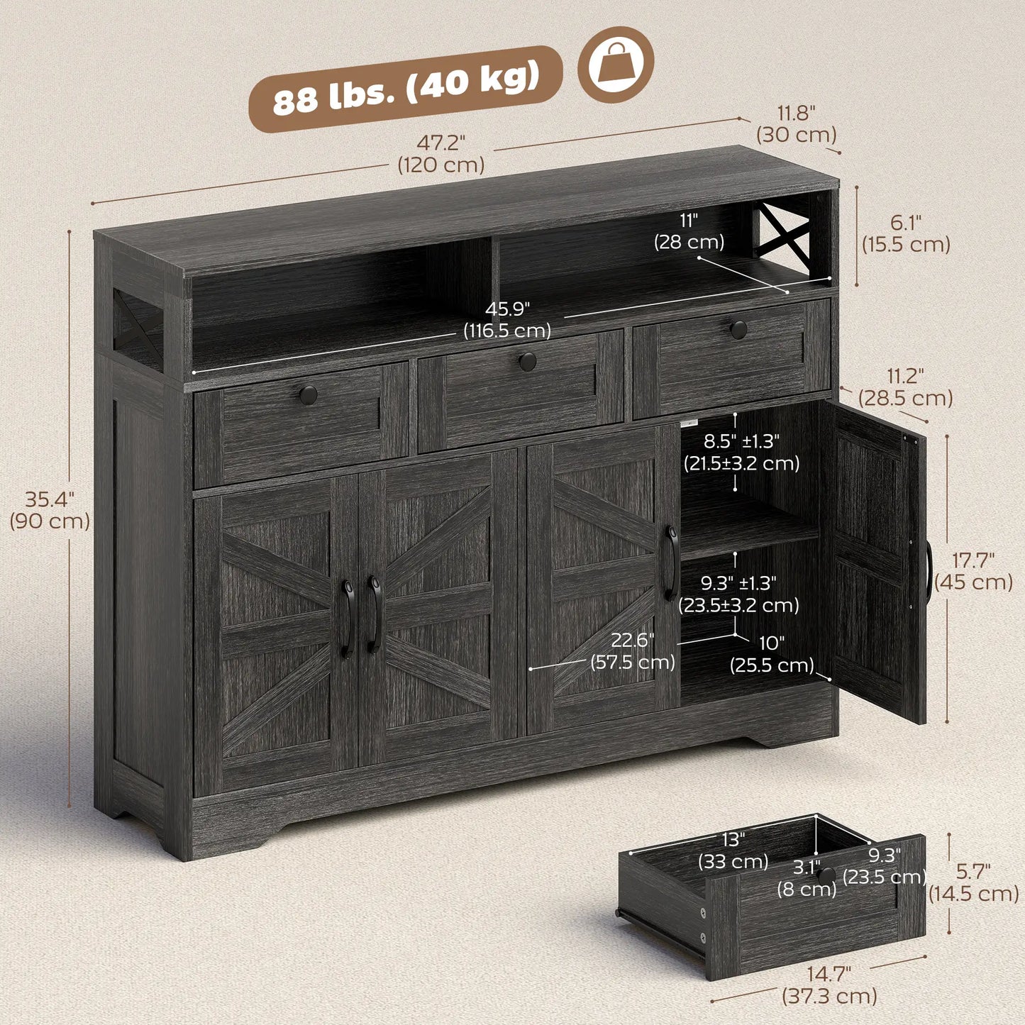 Sideboard Buffet Cabinet, 4 Barn Doors 3 Drawers, Coffee Bar, Adjustable Shelves, Dark Brown Bar Cabinets at Gallery Canada