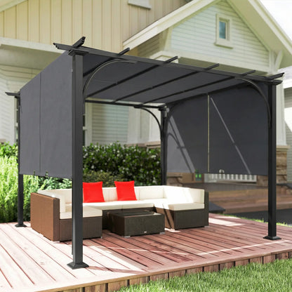 10' x 10' Retractable Pergola Canopy, UPF50+ Outdoor Metal Gazebo, Dark Grey Pergolas at Gallery Canada