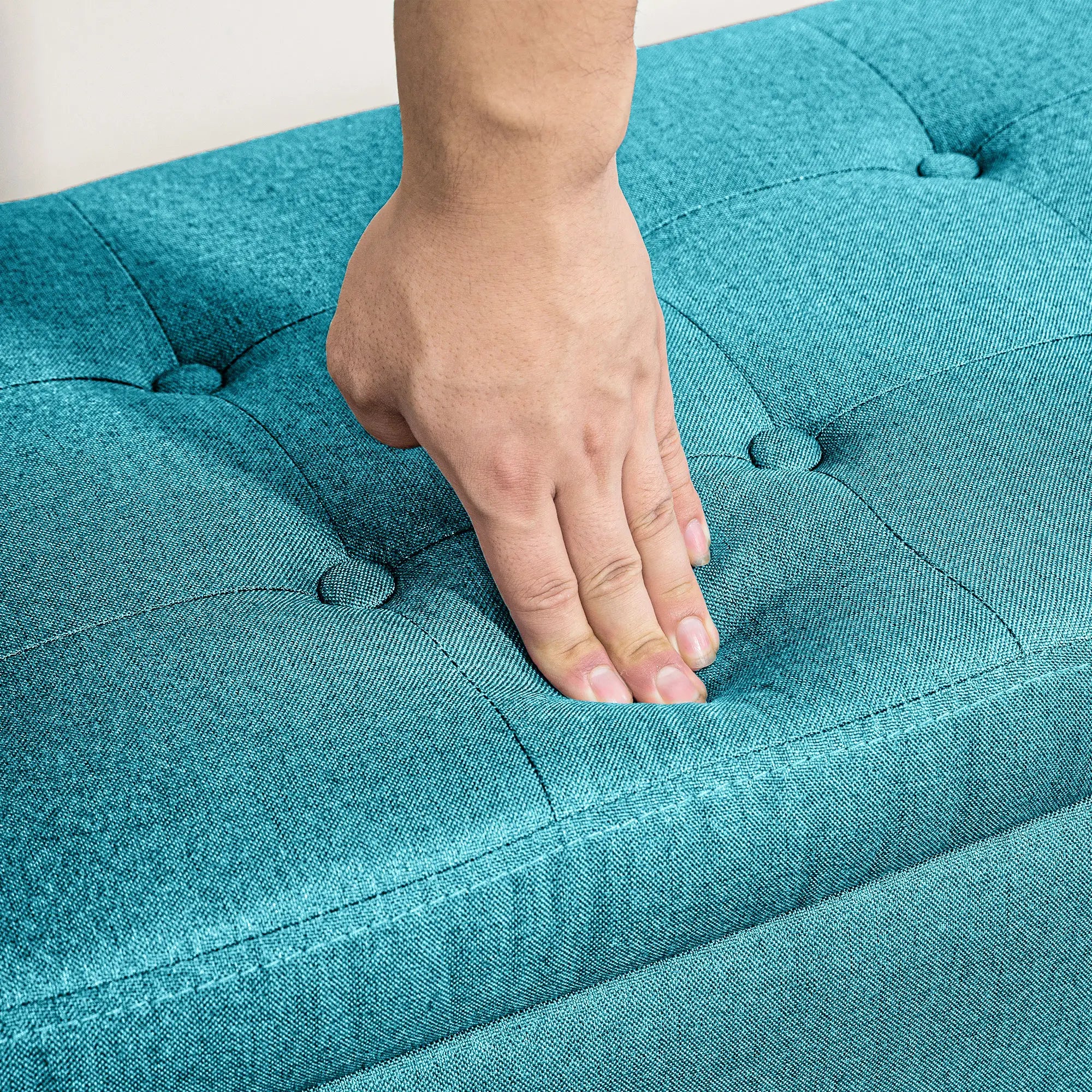 Linen Upholstered Storage Ottoman Bench, Tufted Design, Green Storage Ottomans & Benches at Gallery Canada