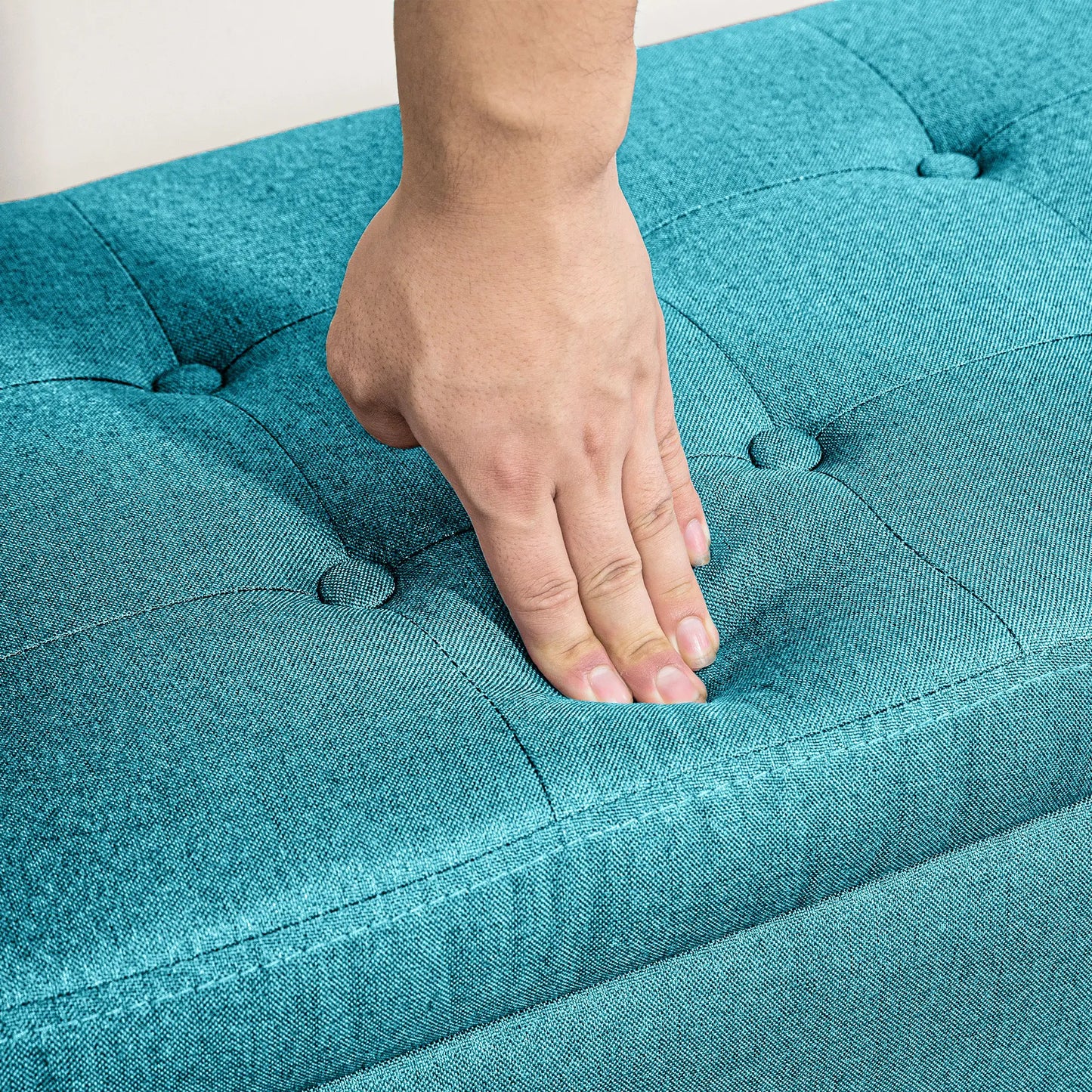 Linen Upholstered Storage Ottoman Bench, Tufted Design, Green Storage Ottomans & Benches at Gallery Canada