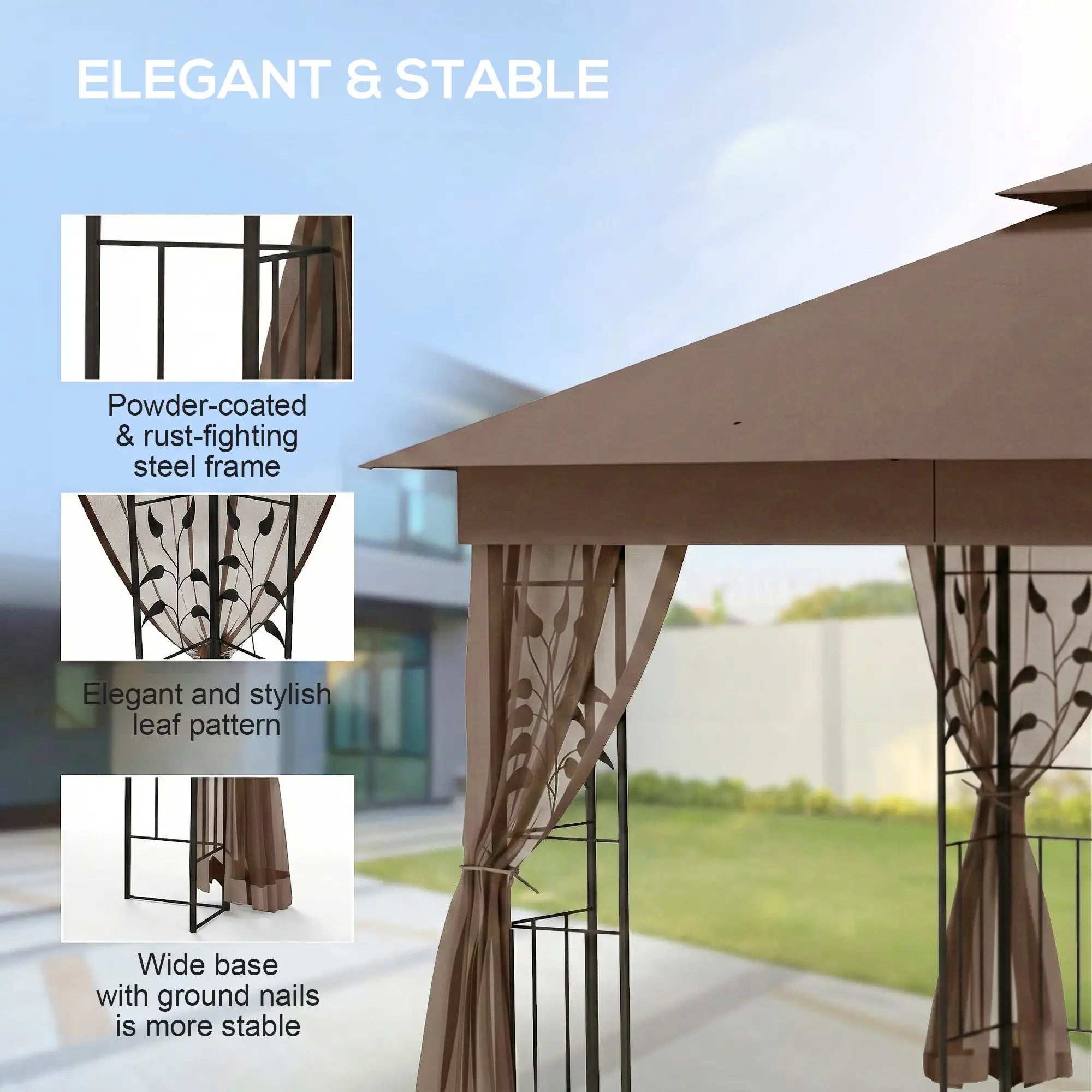 10'x10' Dark Brown Steel Patio Gazebo, Soft-Top Sun Shelter, Dark Brown Gazebos at Gallery Canada