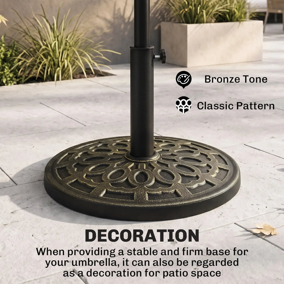 26 lbs Resin Umbrella Base, Round Market Parasol Holder, Φ1.5", Φ1.89" Pole, Bronze Umbrella Bases at Gallery Canada