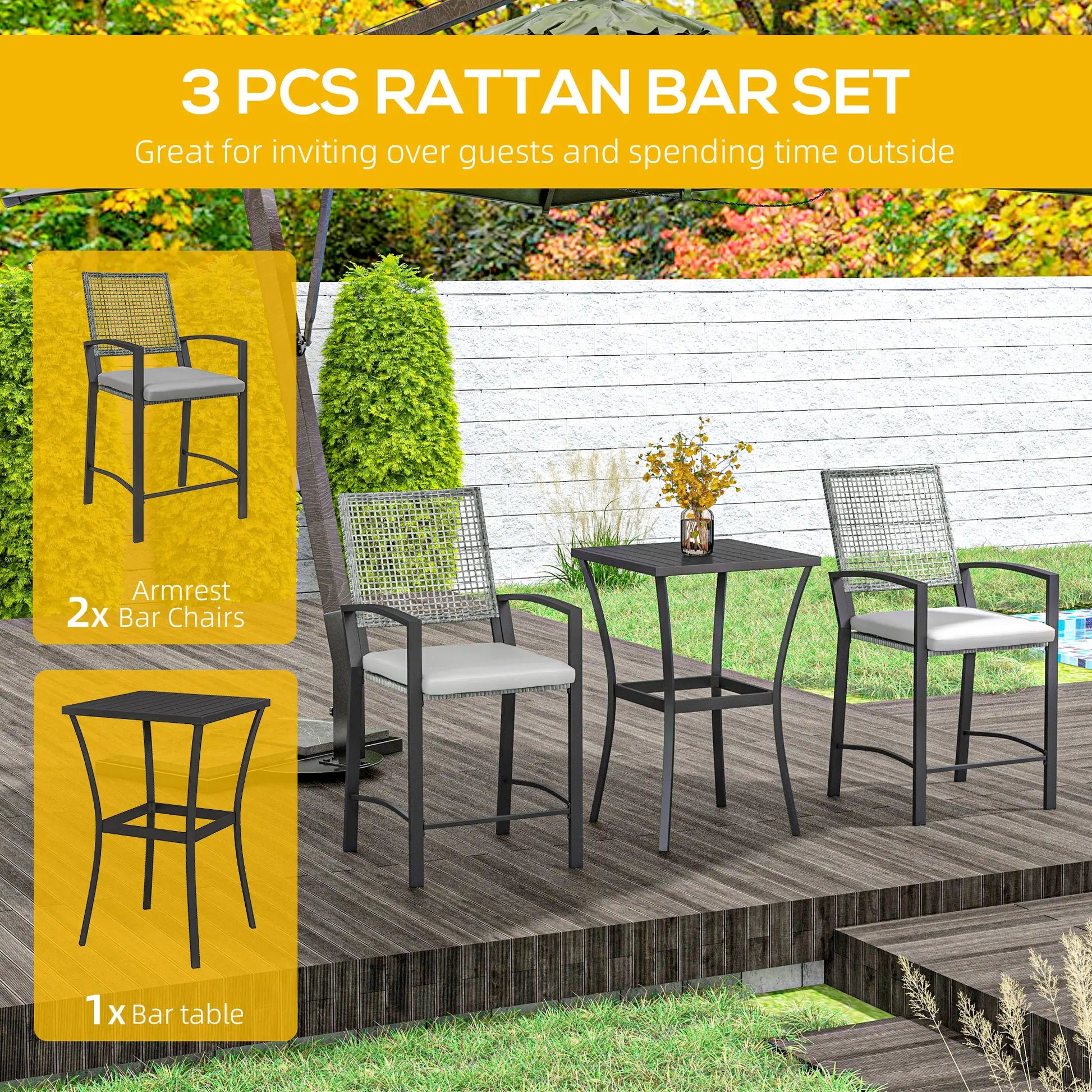 3pc Rattan Patio Bar Table, Chairs with Cushions, Bar Furniture Bistro Sets at Gallery Canada