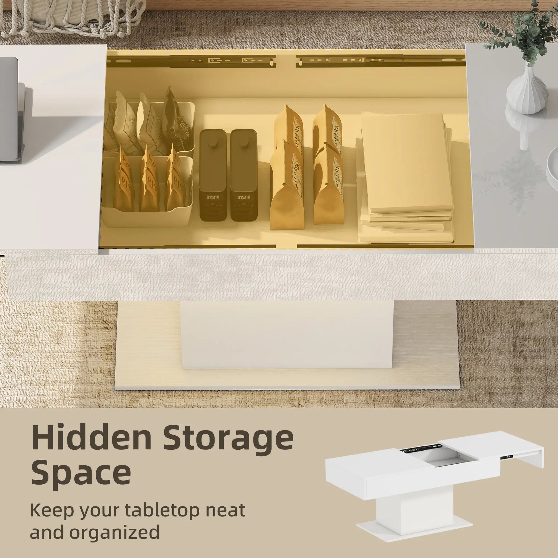 Extendable Coffee Table with LED Lights, Modern High Gloss Center Table with Hidden Storage, White Coffee Tables at Gallery Canada