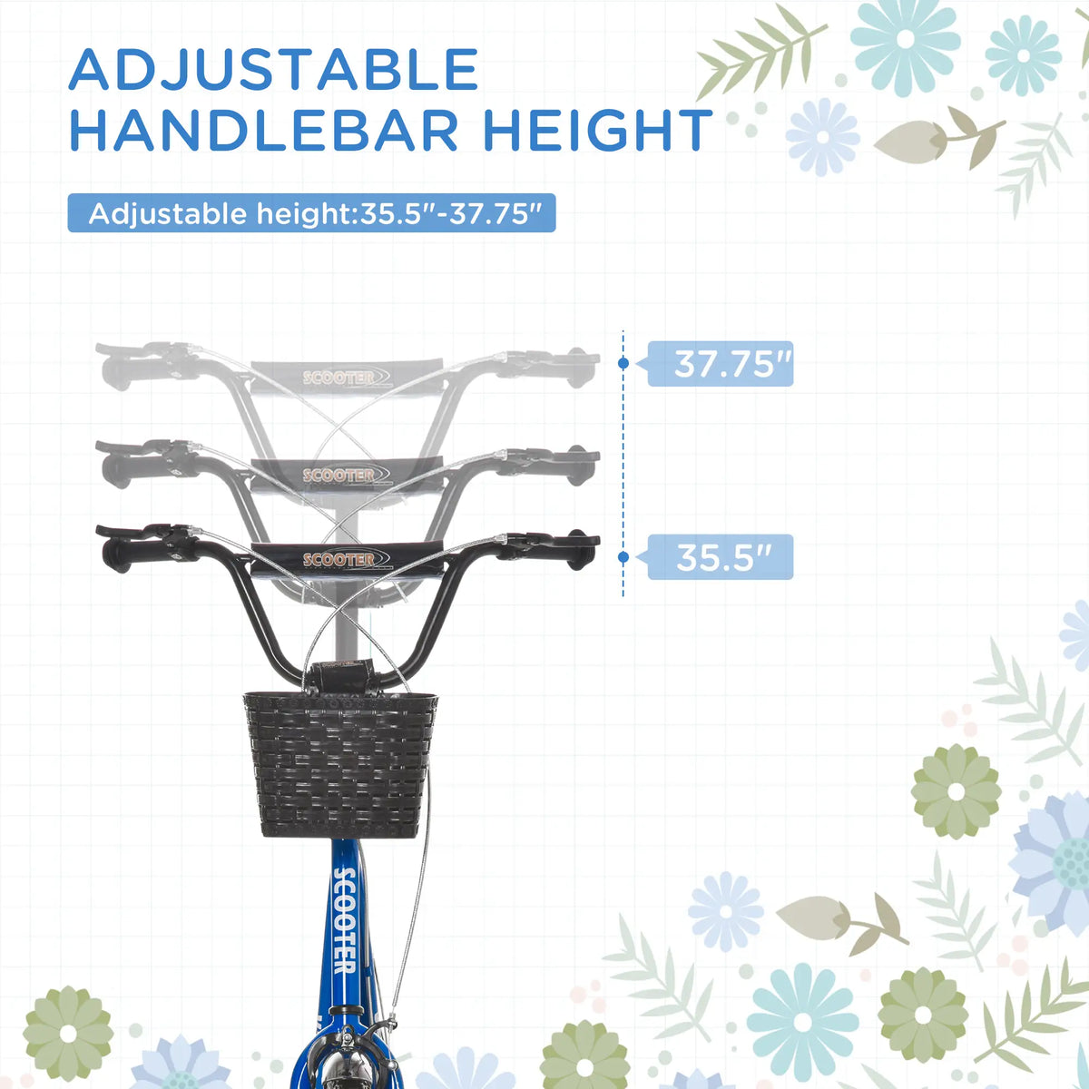 Kids Kick Scooter, Adjustable Handlebar, 2 Brakes, Basket, Cupholder, 16" Inflatable Tyres, Blue Scooters at Gallery Canada