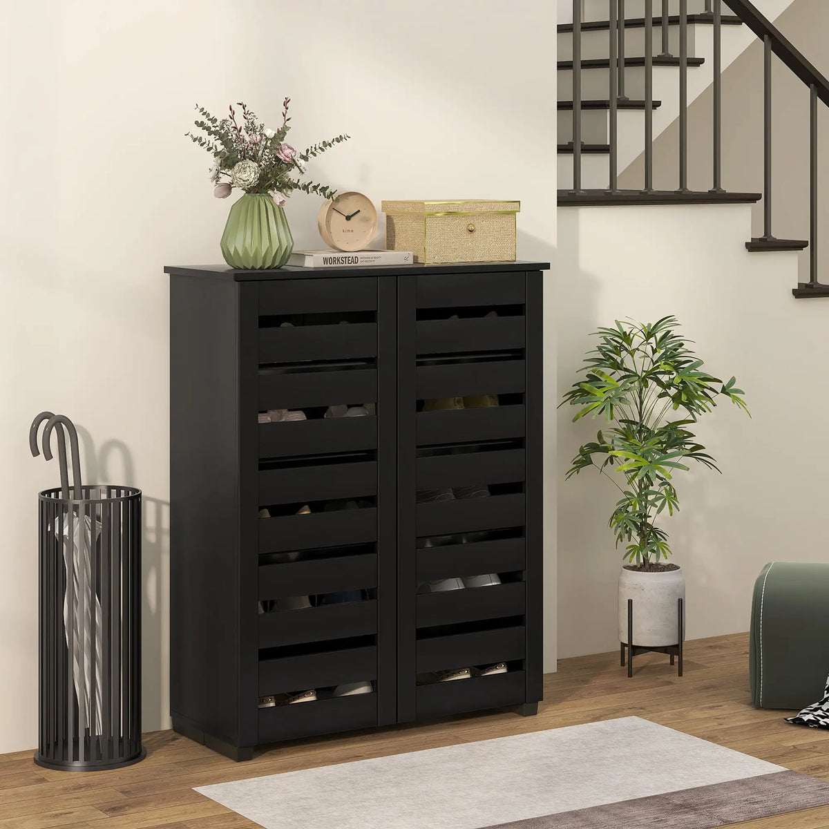 Shoe Storage Cabinet, 2 Slatted Doors, Holds 15 Pairs, Black