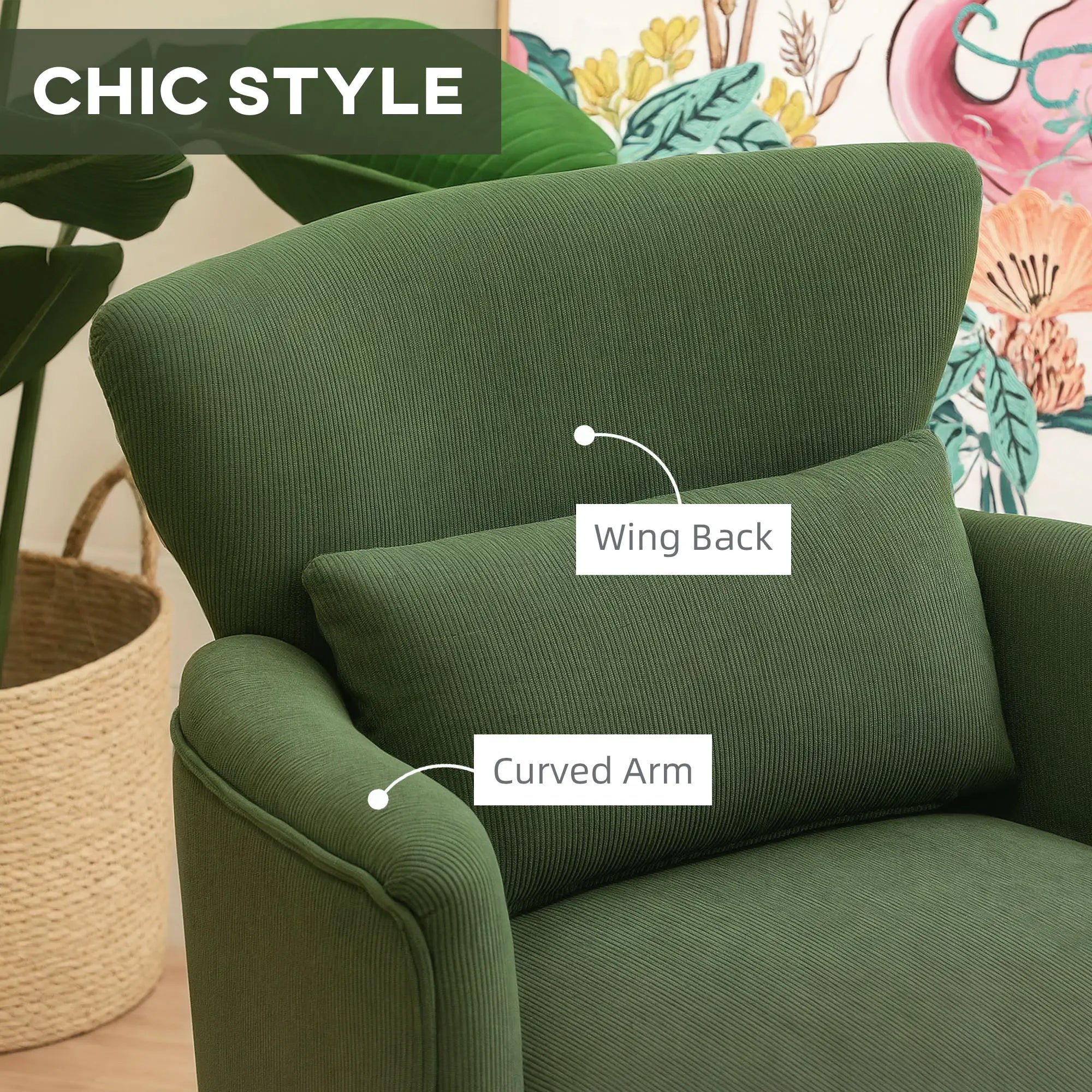 Modern Accent Chair, Upholstered Armchair, Solid Wood Legs, Lumbar Pillow, Green Accent Chairs at Gallery Canada