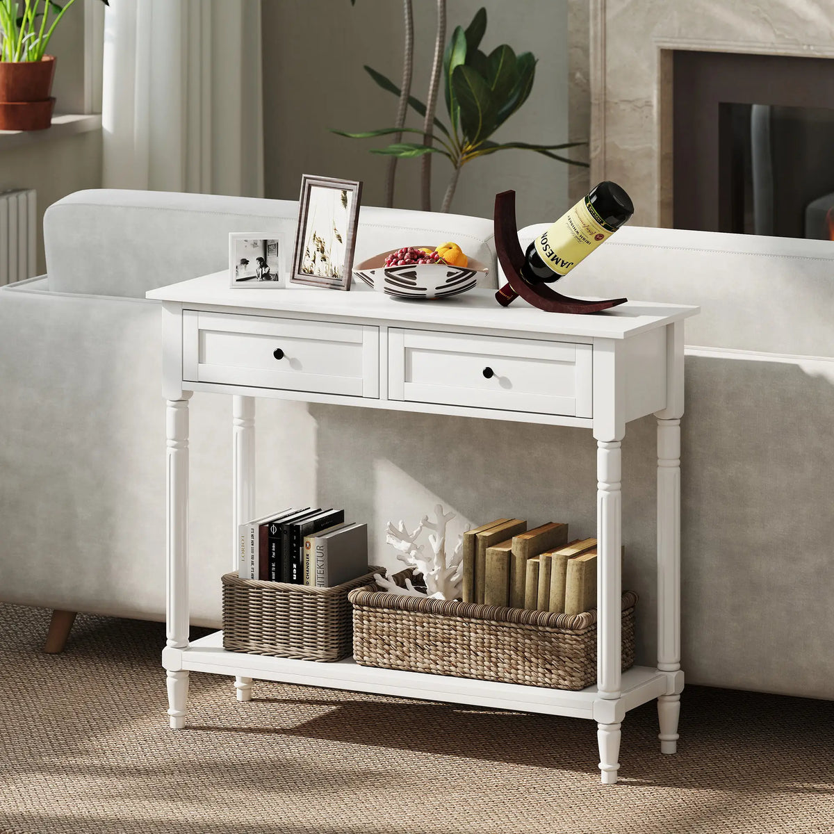 Modern Hallway Console Table, 2 Drawers, Storage Shelf, Turned Legs, White Console Tables at Gallery Canada