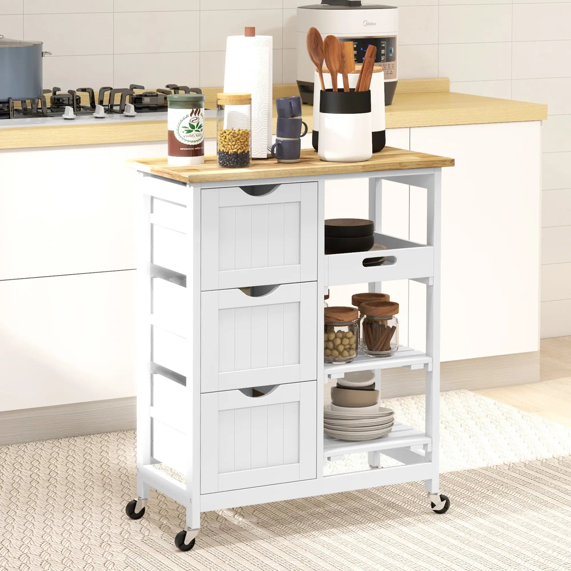 Kitchen Cart on Wheels, Wood Top, 3 Drawers, Shelves, Dining Kitchen Islands & Kitchen Carts at Gallery Canada