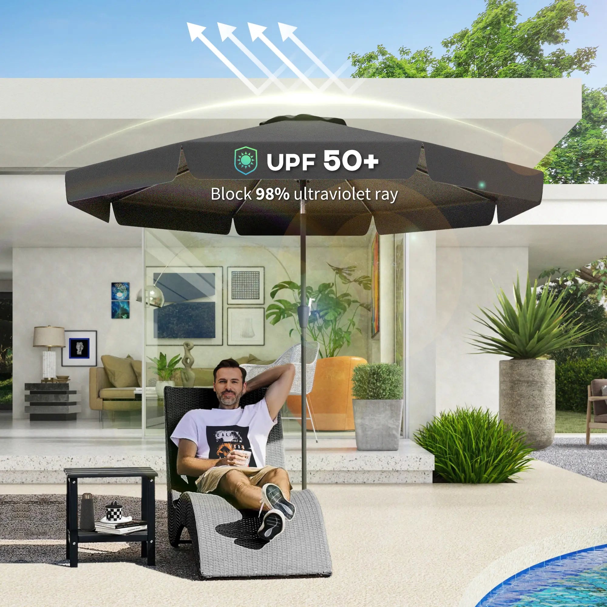 8.5 ft Round Patio Umbrella, Tilt and Crank, Black Sun Umbrellas at Gallery Canada