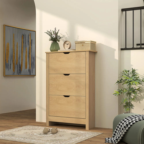 Shoe Storage Cabinet, 3 Flip Drawers, Adjustable Shelves, 18 Pairs, Natural Wood