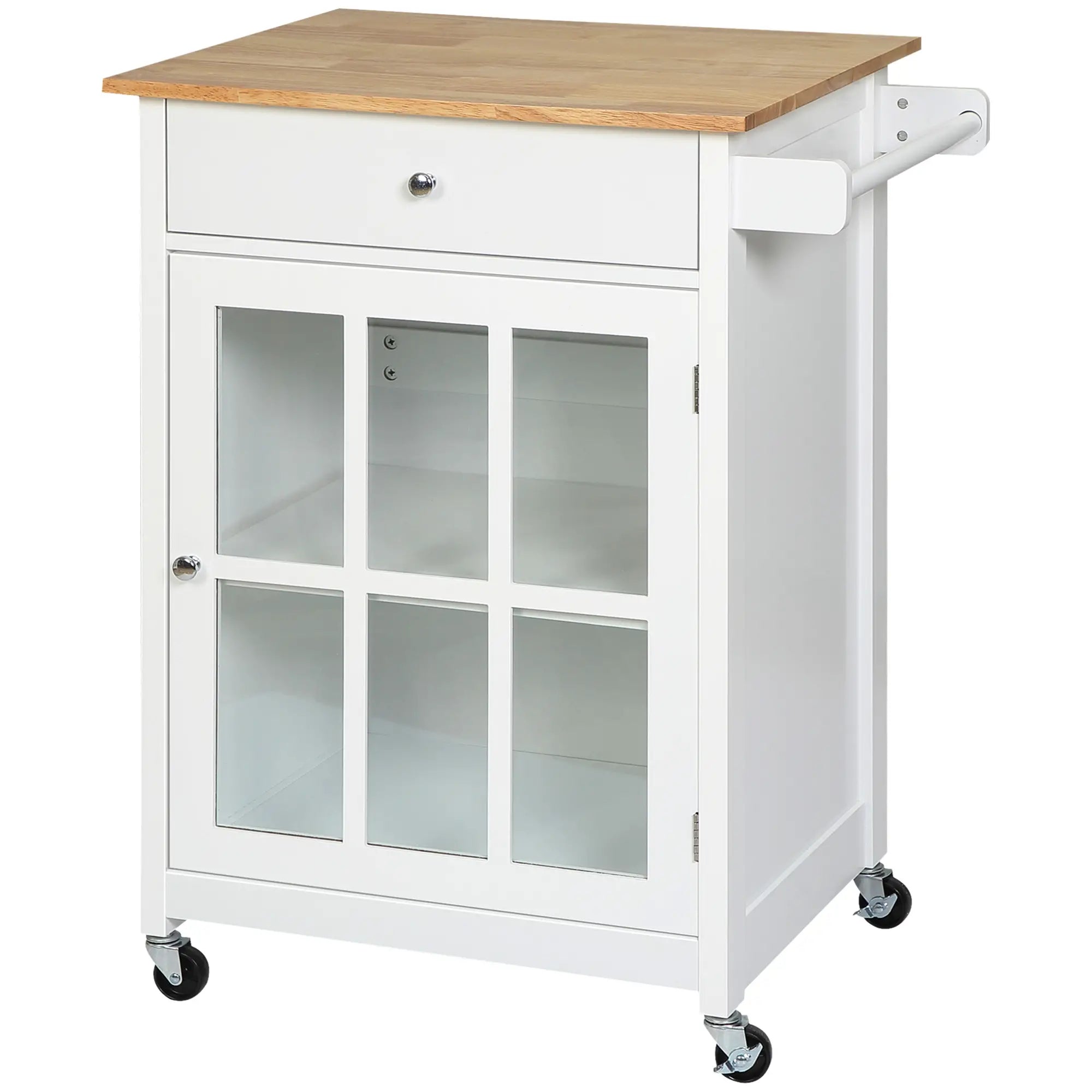 Rolling Kitchen Cart, Drawer Glass Door Cabinet, Island on Wheels, White Kitchen Islands & Kitchen Carts at Gallery Canada
