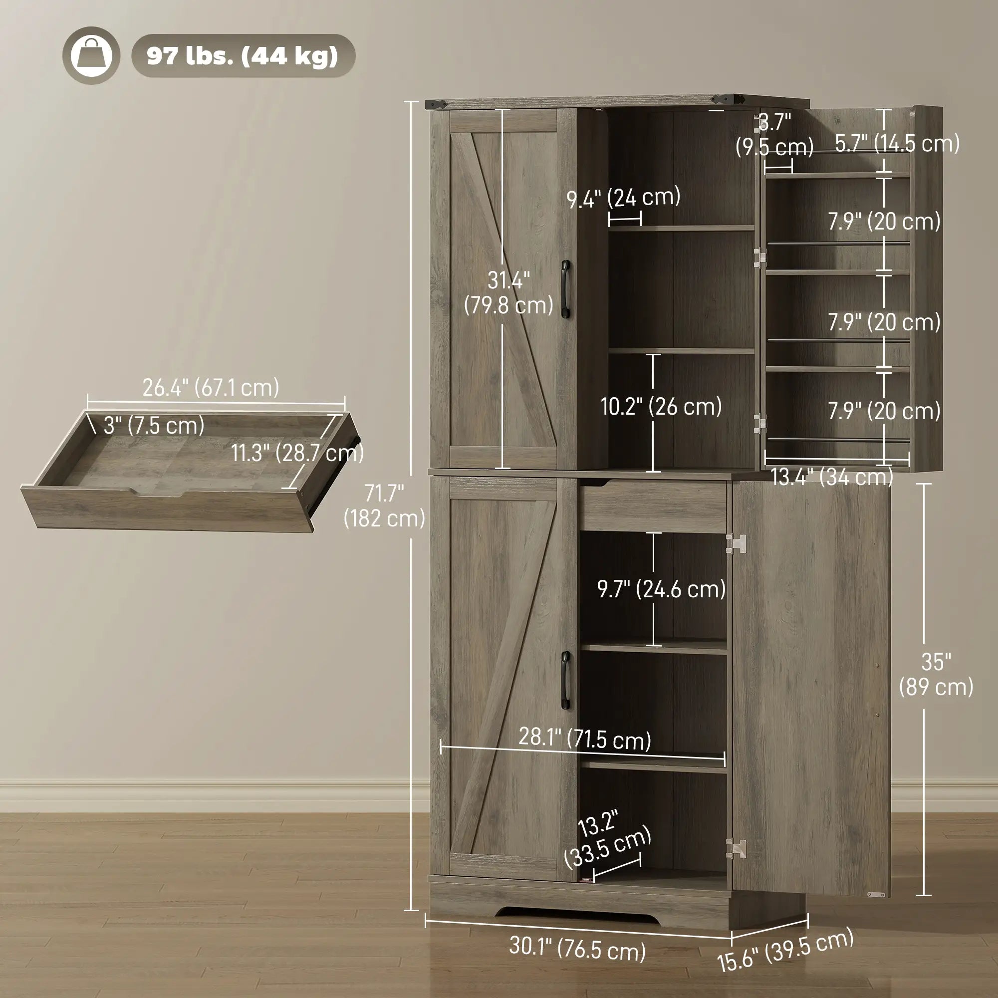 72 Inch Kitchen Pantry Cabinet, Farmhouse Storage with 4 Doors, Drawer, Grey Kitchen Pantry Cabinets at Gallery Canada