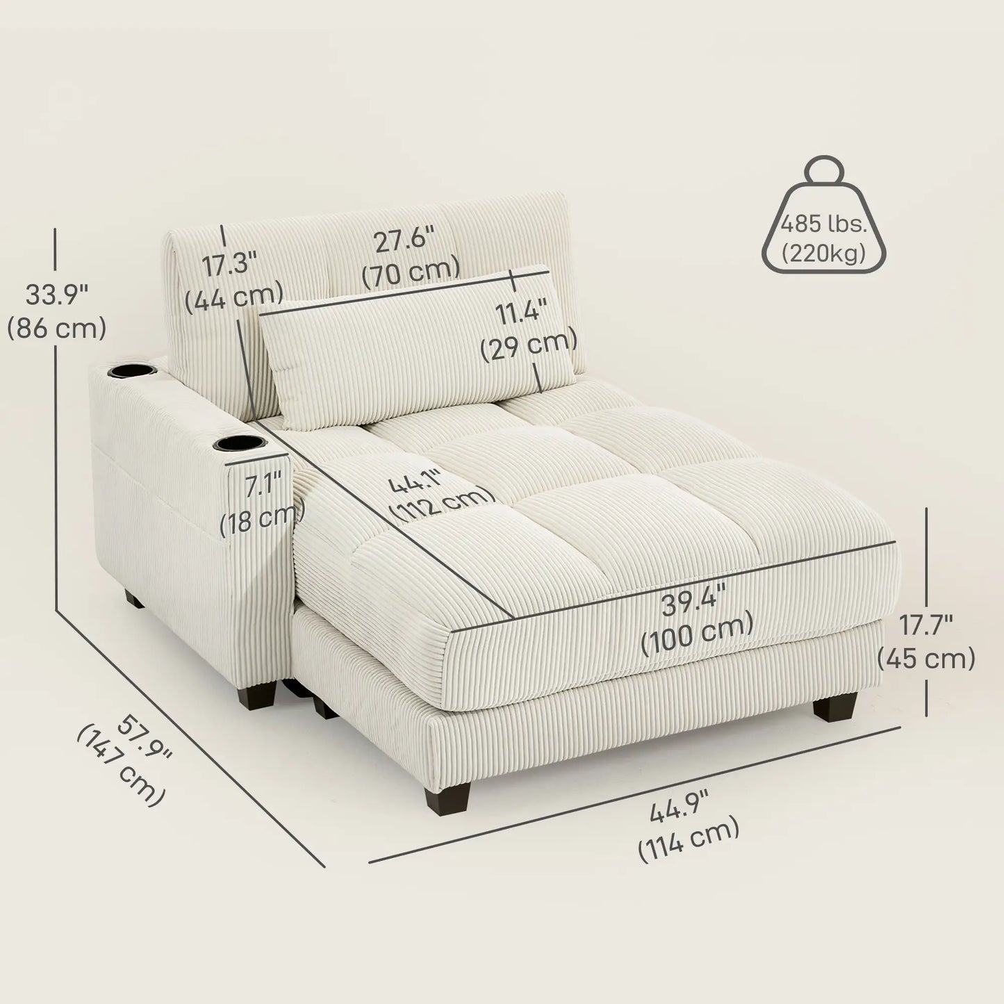 58" Corduroy Canapé Relax Lit Avec Porte-gobelets, Blanc Crème