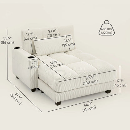 58" Corduroy Canapé Relax Lit Avec Porte-gobelets, Blanc Crème