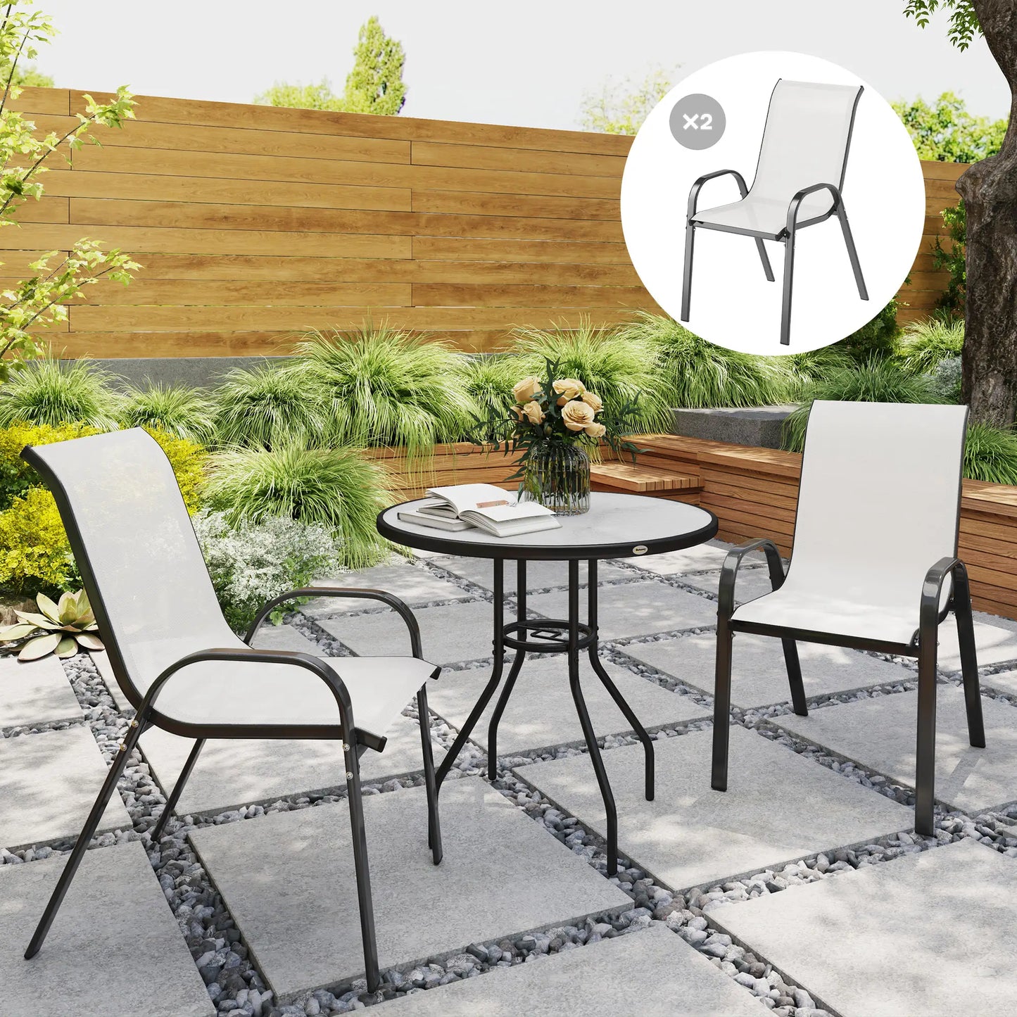 Set of 2 Outdoor Dining Chairs, Stackable, High Back, Light Grey Patio Chairs at Gallery Canada