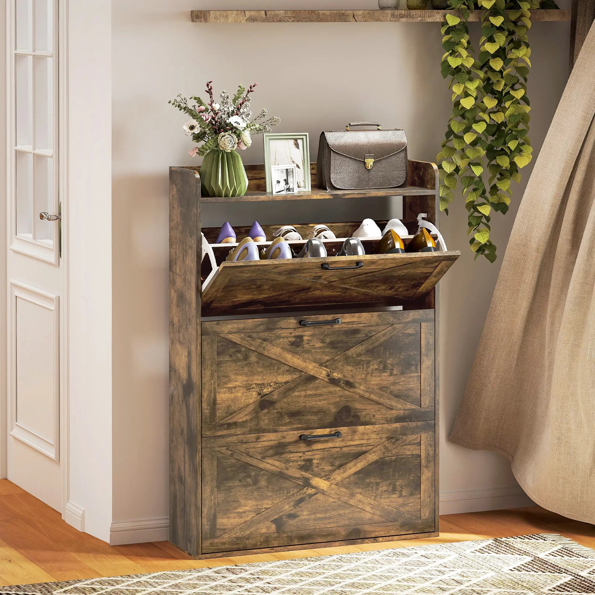 Narrow Shoe Storage Cabinet, 3 Flip Drawers, Adjustable Shelves, Rustic Brown Shoe Storage Cabinets & Racks at Gallery Canada