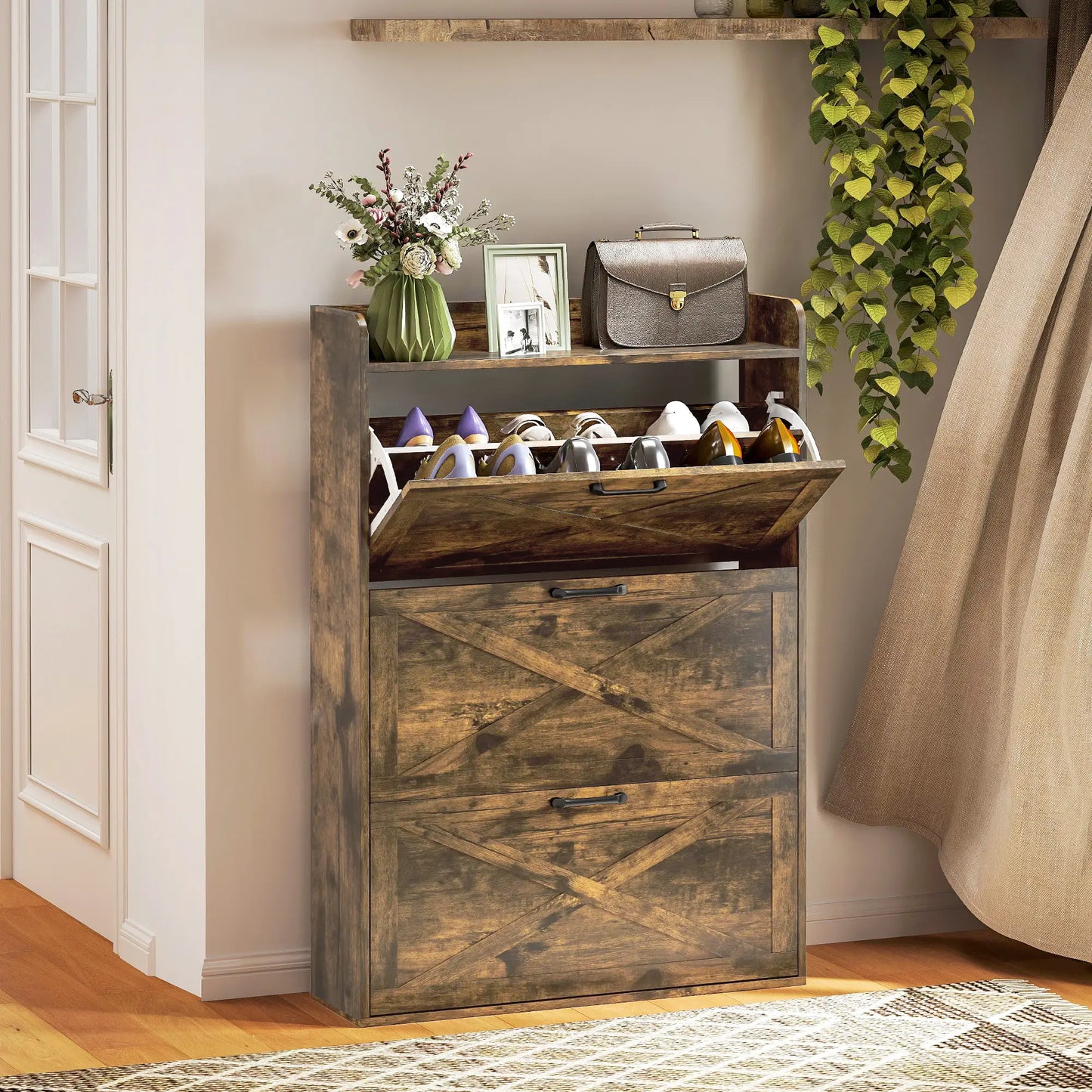 Narrow Shoe Storage Cabinet, 3 Flip Drawers, Adjustable Shelves, Rustic Brown Shoe Storage Cabinets & Racks at Gallery Canada