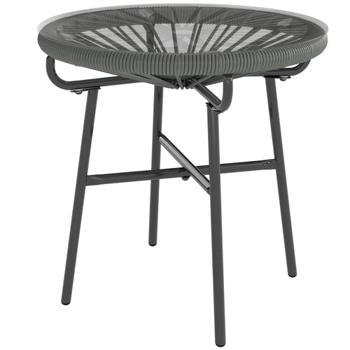 Round Outdoor Rattan Side Table, Tempered Glass Top, Dark Grey
