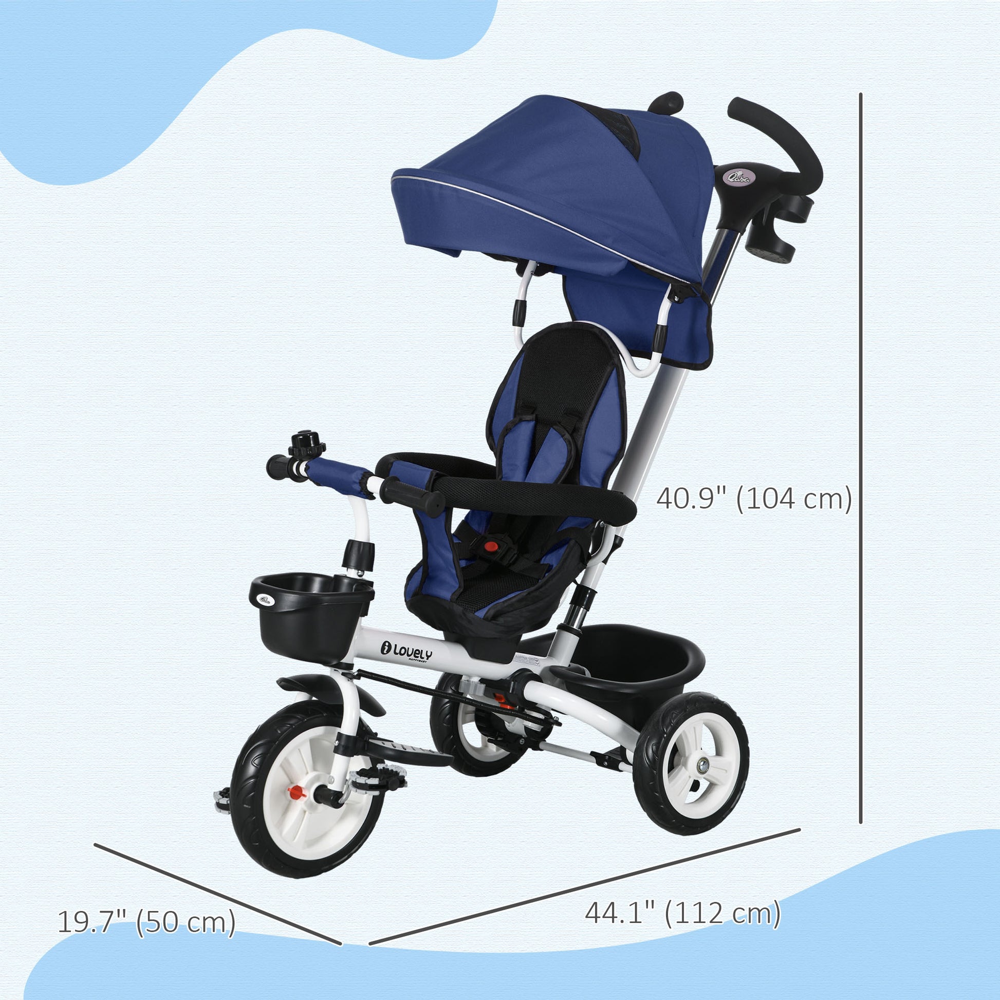 6 in 1 Toddler Tricycle with Parent Push Handle, Canopy, Storage Baskets, Cupholder, Dark Blue at Gallery Canada