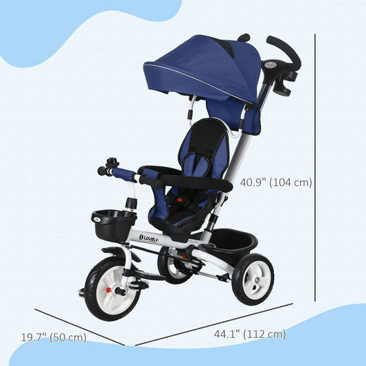 6 in 1 Toddler Tricycle with Parent Push Handle, Canopy, Storage Baskets, Cupholder, Dark Blue - Gallery Canada