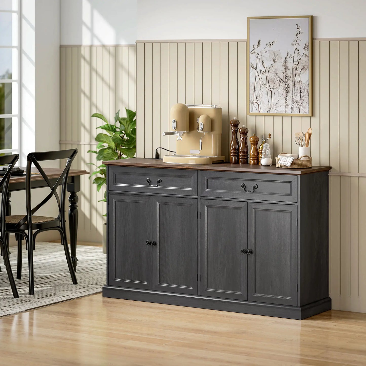 55" Buffet Cabinet, Black Wood Grain, Charging Station, 2 Drawers, Black