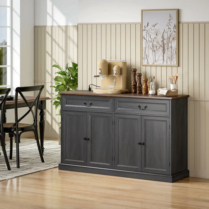 55" Buffet Cabinet, Black Wood Grain, Charging Station, 2 Drawers, Black
