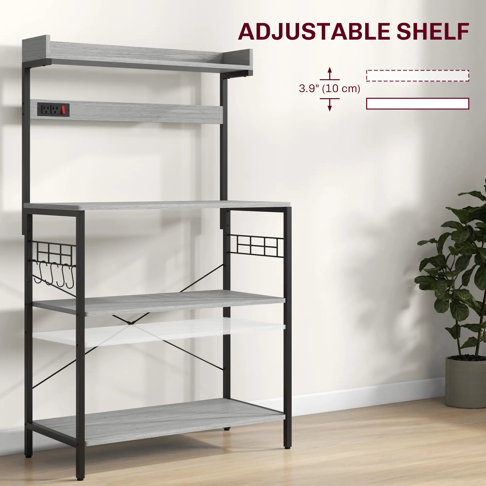 Kitchen Baker's Rack with Power Outlet, Coffee Bar Station with Adjustable Shelves and Hooks, Distressed Grey Bar Cabinets at Gallery Canada