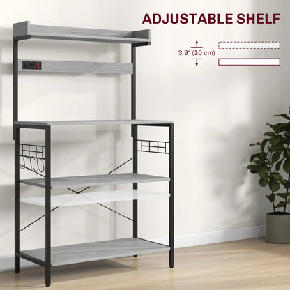 Kitchen Baker's Rack with Power Outlet, Coffee Bar Station with Adjustable Shelves and Hooks, Distressed Grey Bar Cabinets at Gallery Canada