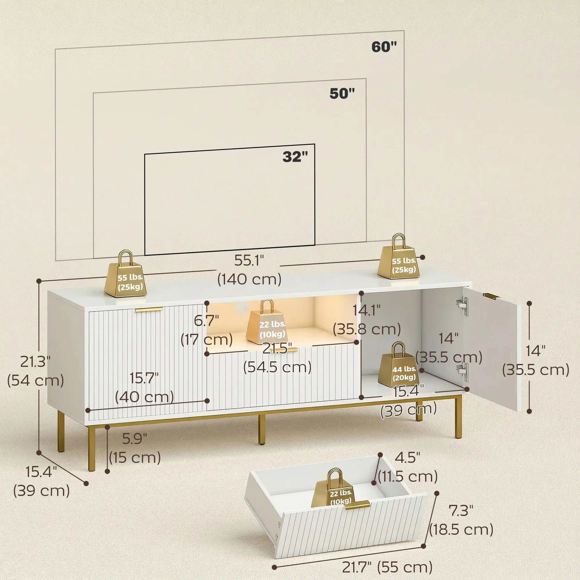 TV Console For 50 Inch TVs, Smart RGB LED Lights, Soft Close Doors, White TV Stands at Gallery Canada