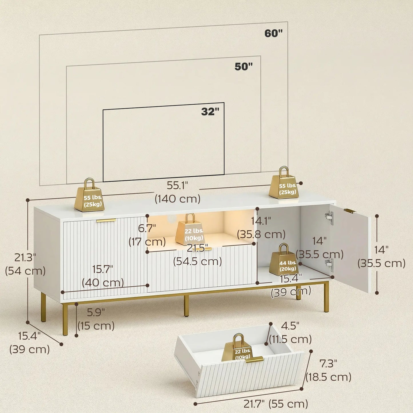 TV Console For 50 Inch TVs, Smart RGB LED Lights, Soft Close Doors, White TV Stands at Gallery Canada