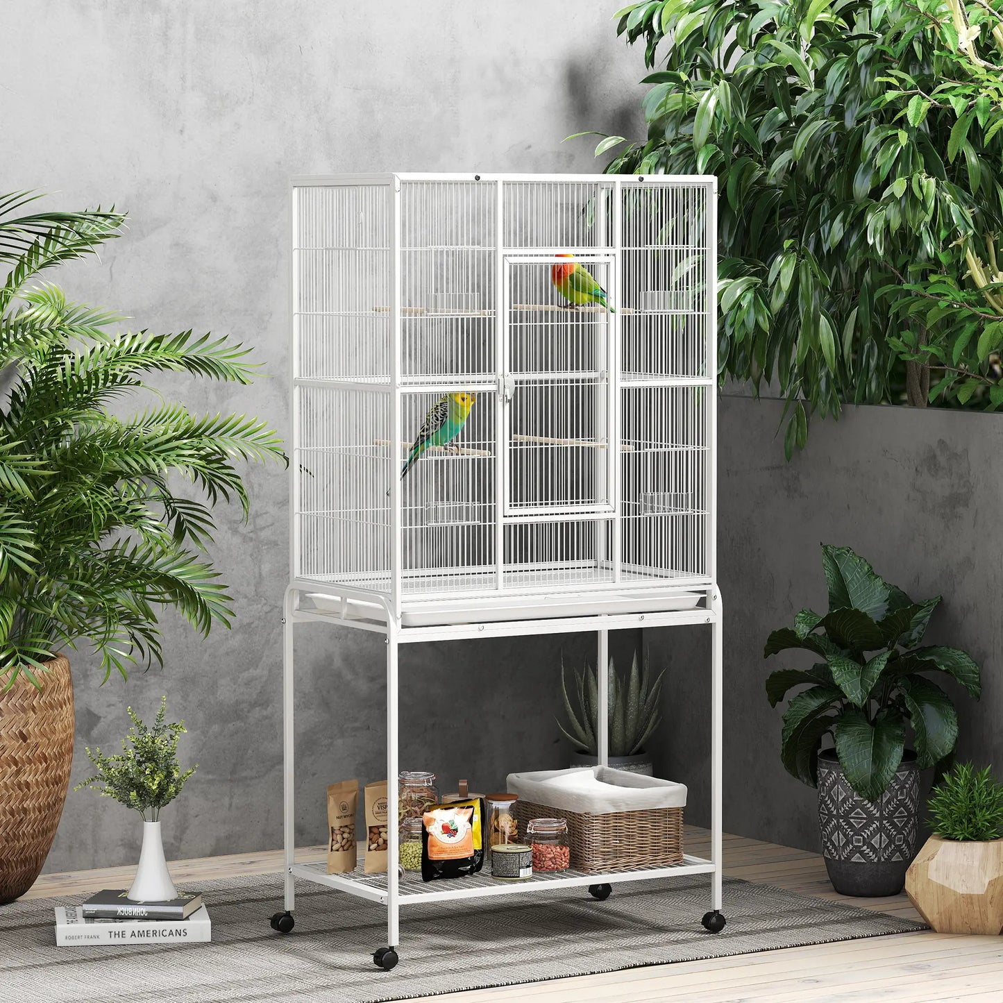 64" Large Rolling Bird Cage With Stand, Shelf, Perch, Food Container, White Bird Cages at Gallery Canada
