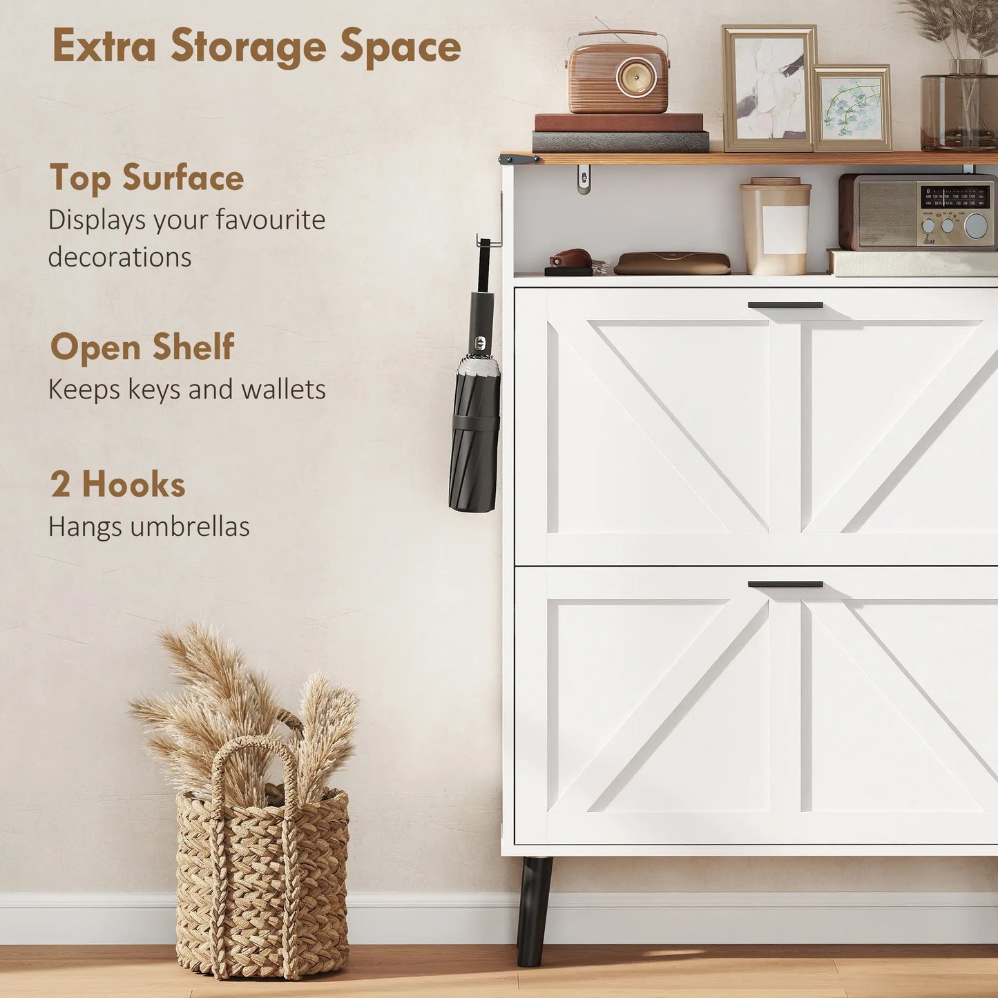 Shoe Storage Cabinet With 2 Flip Drawers, Farmhouse Narrow, White Shoe Storage Cabinets & Racks at Gallery Canada