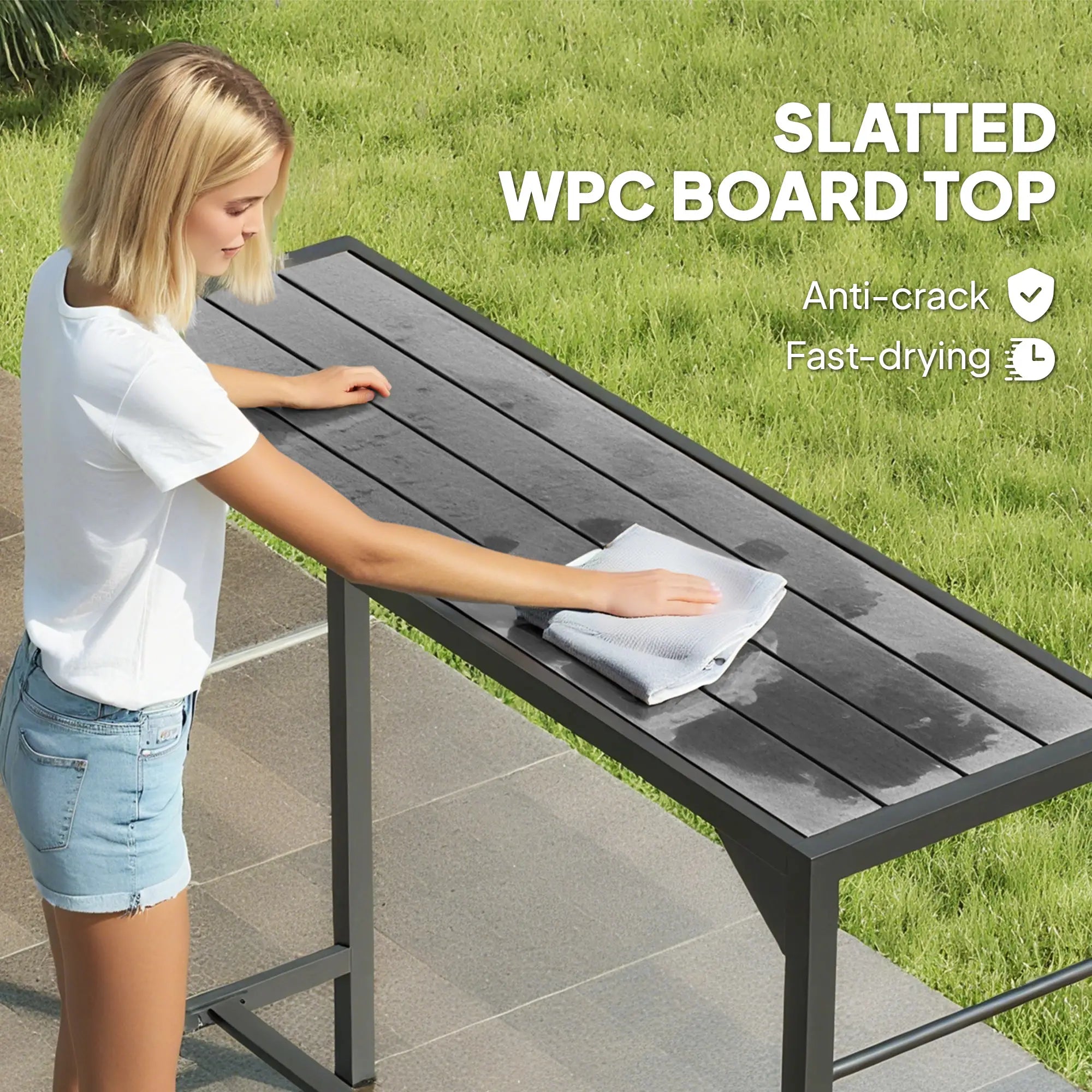 Outdoor Bar Table with Wood Grain Top, Built-In Bottle Opener, 47.2