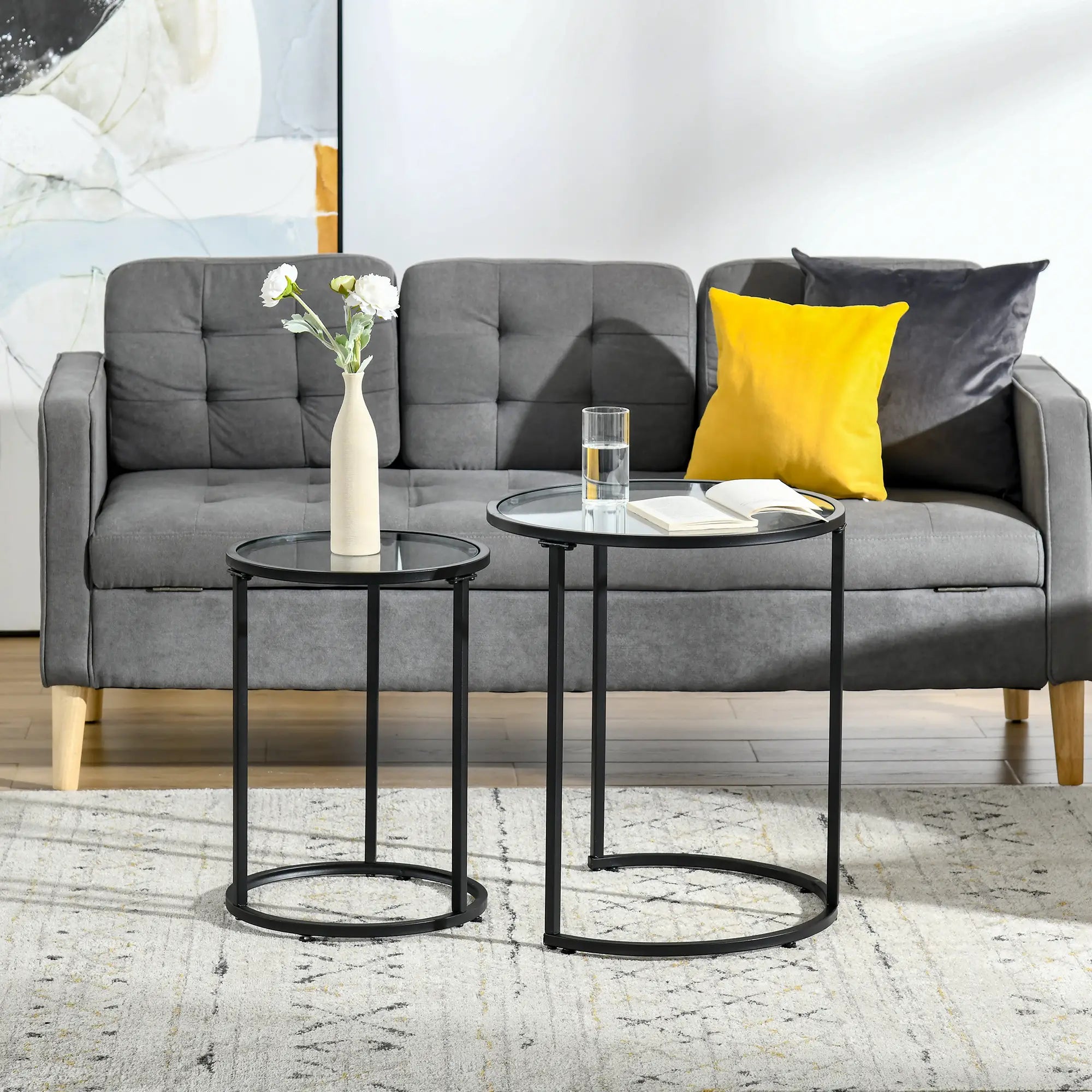 Set of 2 Nesting Coffee Tables, Round Side Table with Tempered Glass Top, Black Side Tables at Gallery Canada
