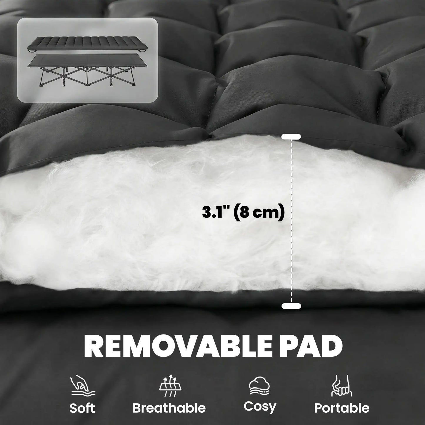 32" Extra Wide Folding Camping Cot, Soft Pad, Non-Slip Feet, Carry Bag, Black Camping Cots at Gallery Canada