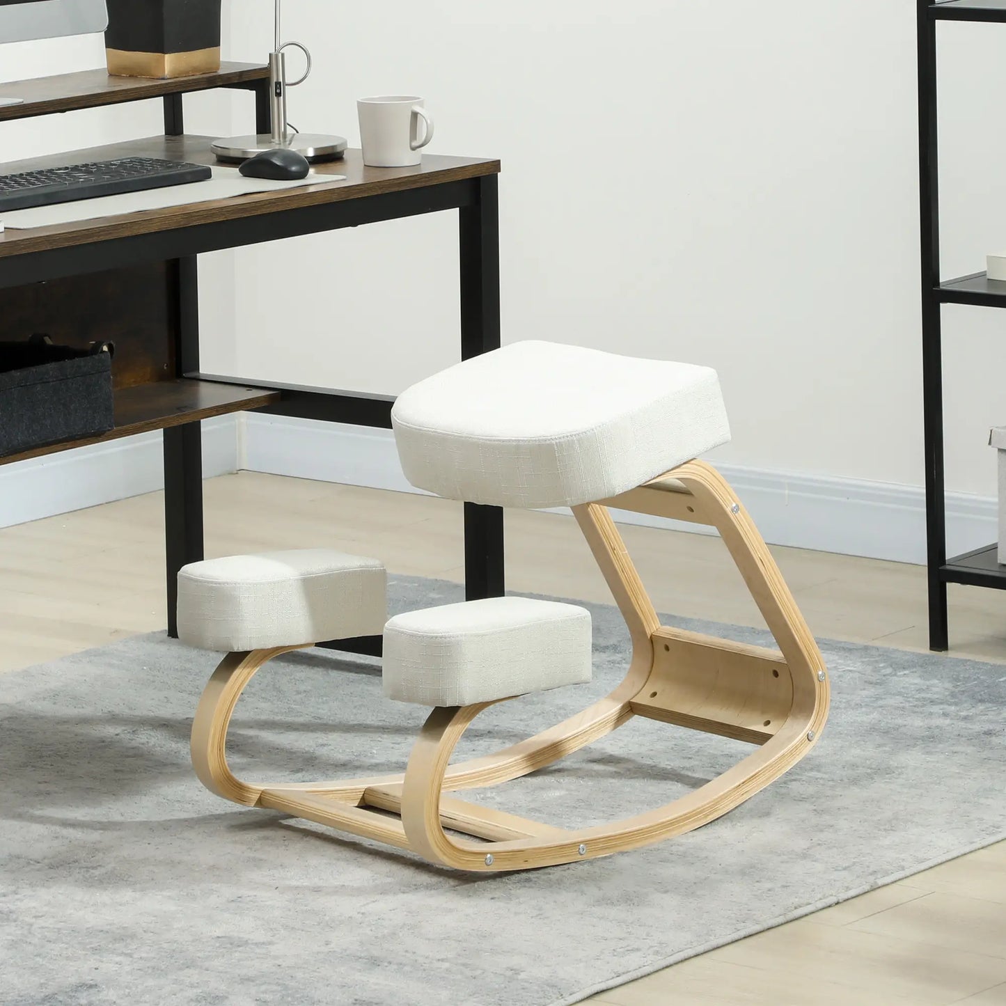 Ergonomic Kneeling Chair, Wood Stool with Thick Pads, Cream White Office Chairs at Gallery Canada