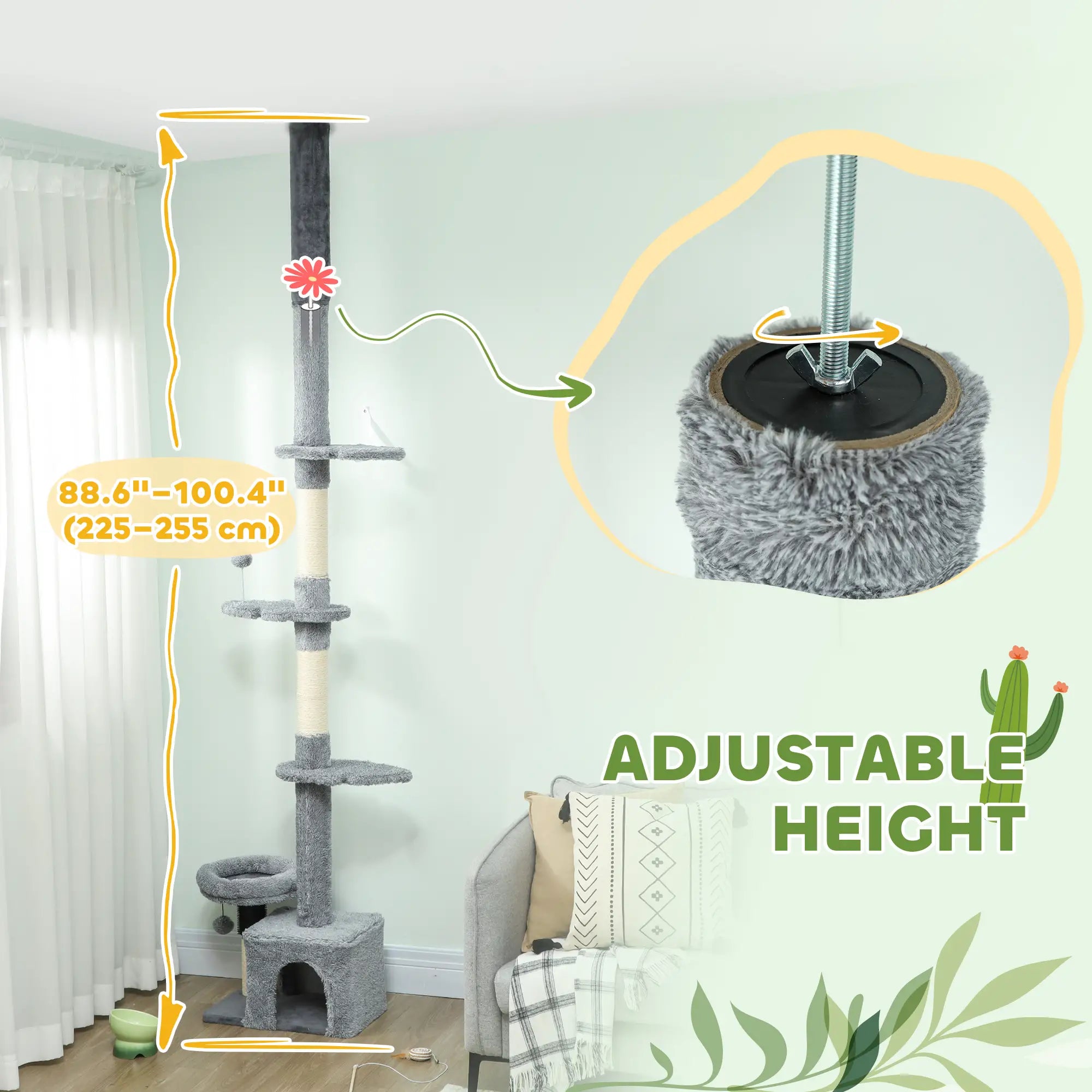 Floor to Ceiling Cat Tree, 4 Tiers, Adjustable Height 87-100