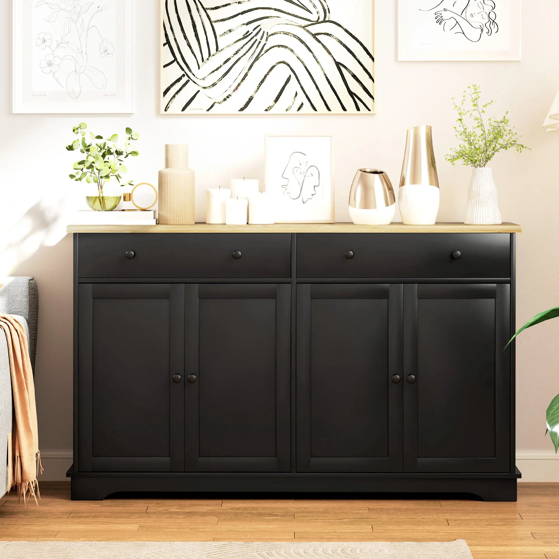 Modern Sideboard, Buffet Cabinet with Drawers, Adjustable Shelves, Black Storage Cabinets at Gallery Canada