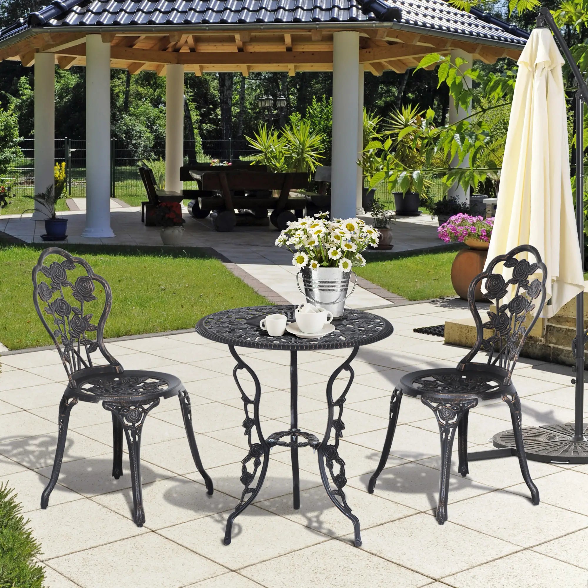 3 Piece Aluminum Bistro Set with Umbrella Hole, Bronze Bistro Sets at Gallery Canada