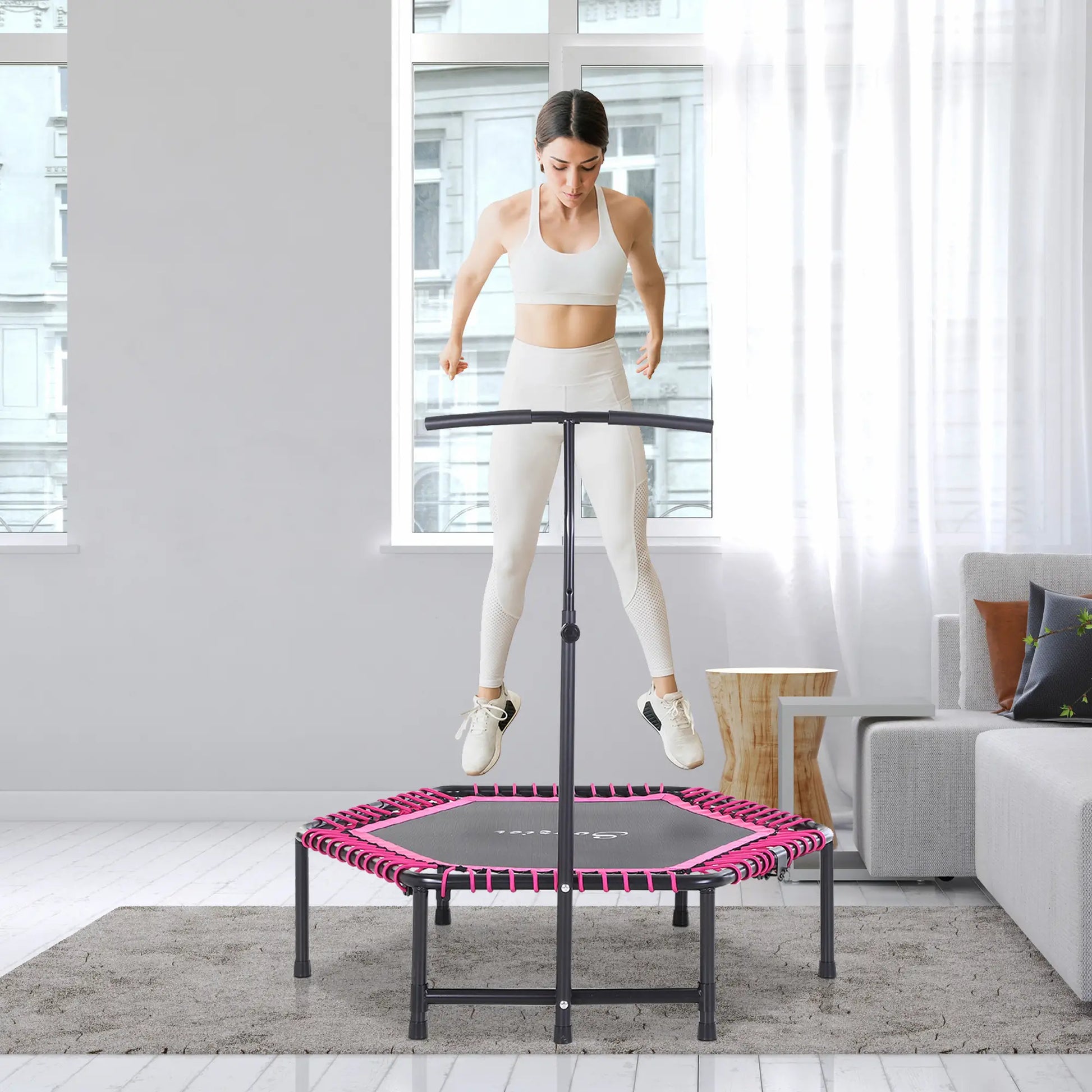 48" Hexagon Rebounder Trampoline, Fitness Bungee Jumper, Adjustable Bar, Pink Trampolines at Gallery Canada