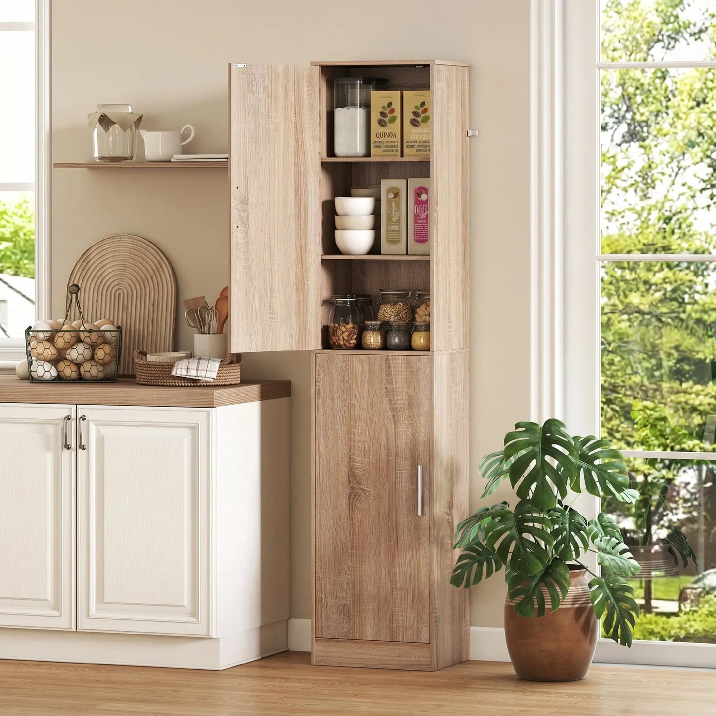 Tall Bathroom Cabinet, Slim 6-Tier Bathroom Floor Cabinet with 2 Doors and 4 Adjustable Shelves, Natural Wood