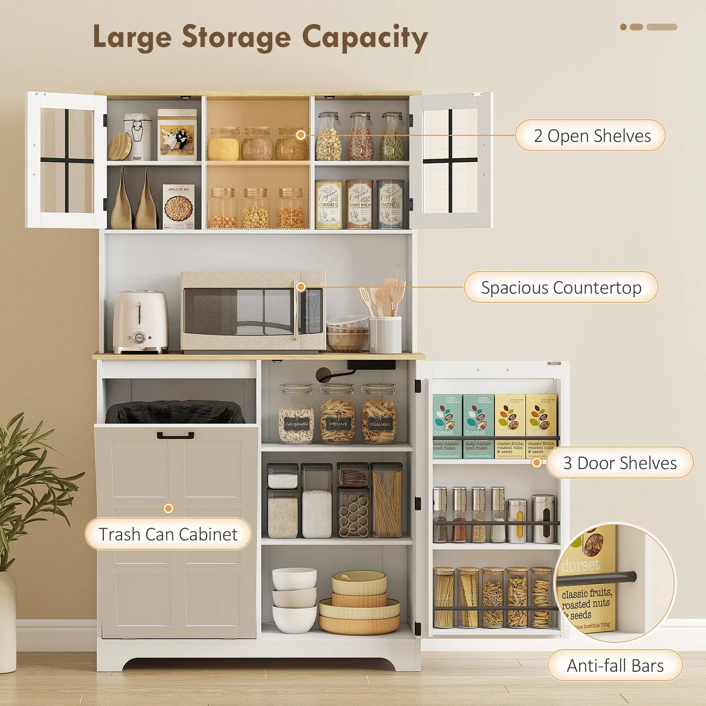 Kitchen Pantry Cabinet, 7 Gallon Trash Can, Adjustable Shelves, White Kitchen Pantry Cabinets at Gallery Canada