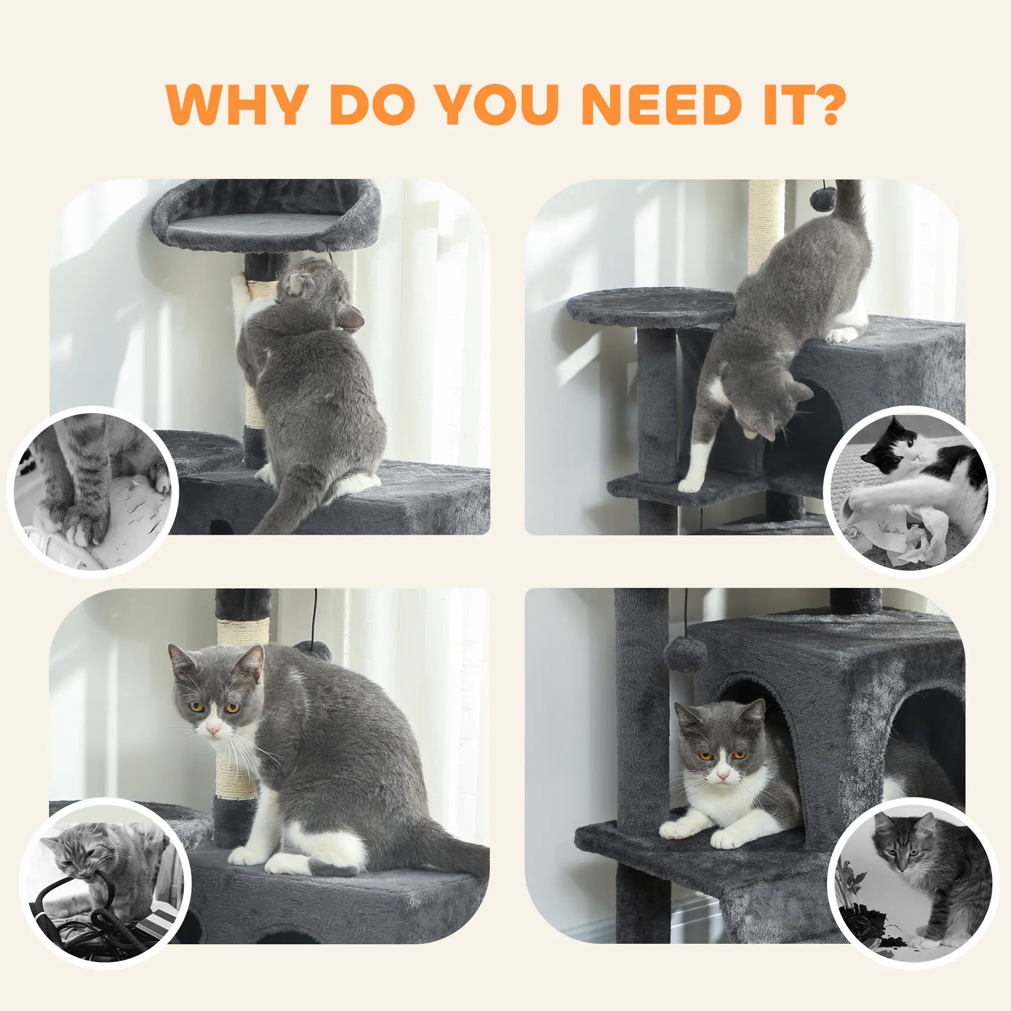 63 Inch Cat Tree, Sisal Scratching Posts, Condos, Plush Perches, Hammock, Ladder, Dangling Balls, Dark Grey Cat Towers at Gallery Canada
