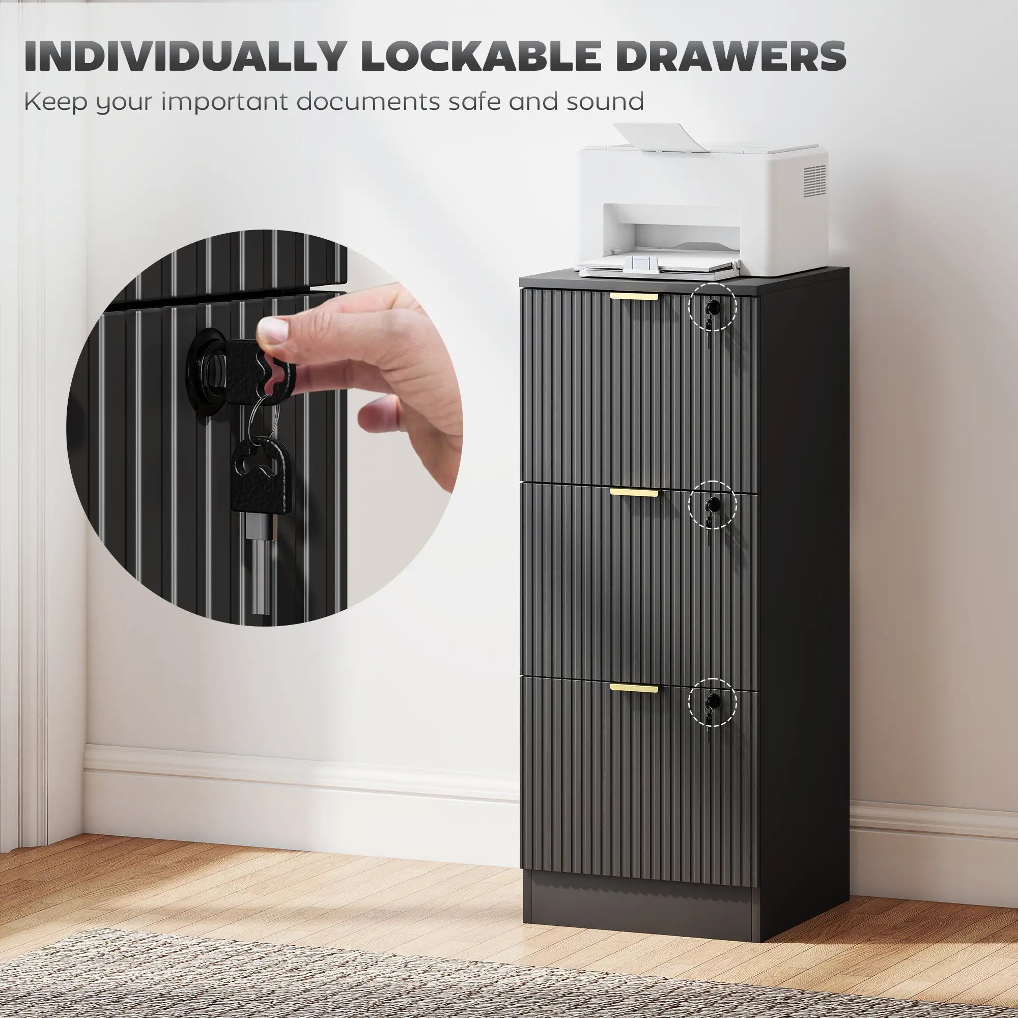 Lockable Filing Cabinet, 3 Fluted Drawers, Adjustable Hanging Rails, Black Office Cabinets & Cupboards at Gallery Canada