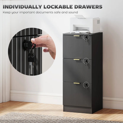 Lockable Filing Cabinet, 3 Fluted Drawers, Adjustable Hanging Rails, Black Office Cabinets & Cupboards at Gallery Canada