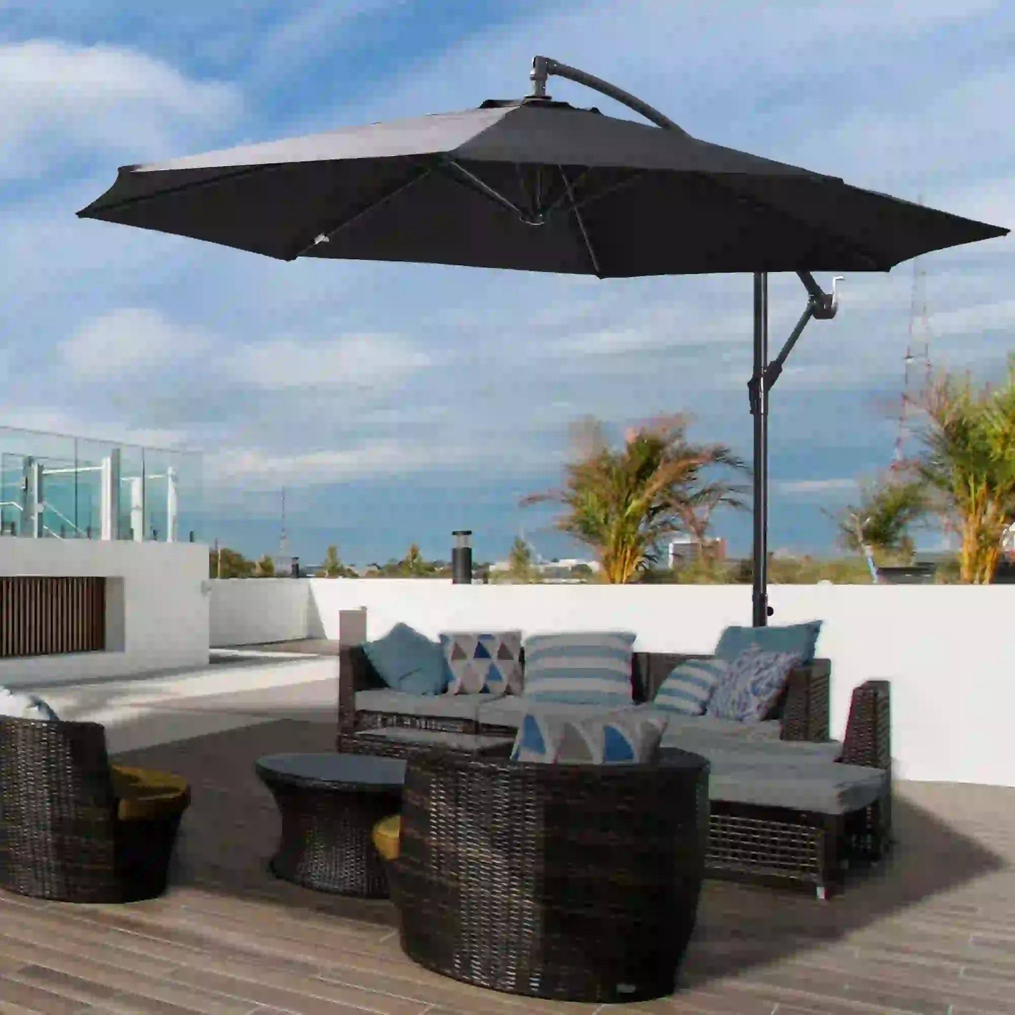 9.7ft Offset Patio Umbrella, 8 Ribs, Crank Handle, Black Offset Cantilever Umbrellas at Gallery Canada
