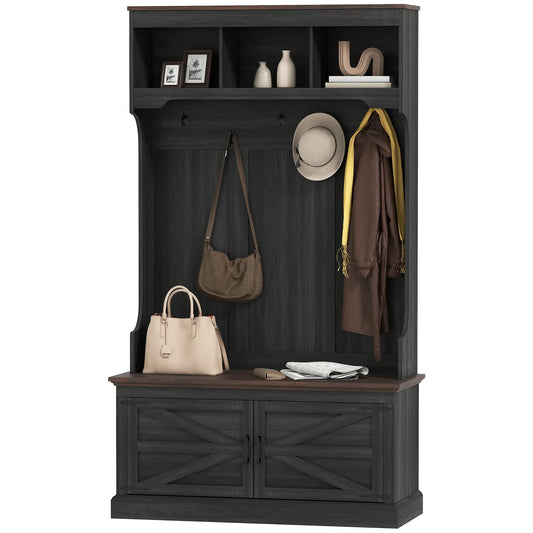 3-in-1 Hall Tree with Bench, Coat Rack, Shoe Storage, Distressed, Black Clothing Storage Black Wood Grain, Oak Wood Grain at Gallery Canada