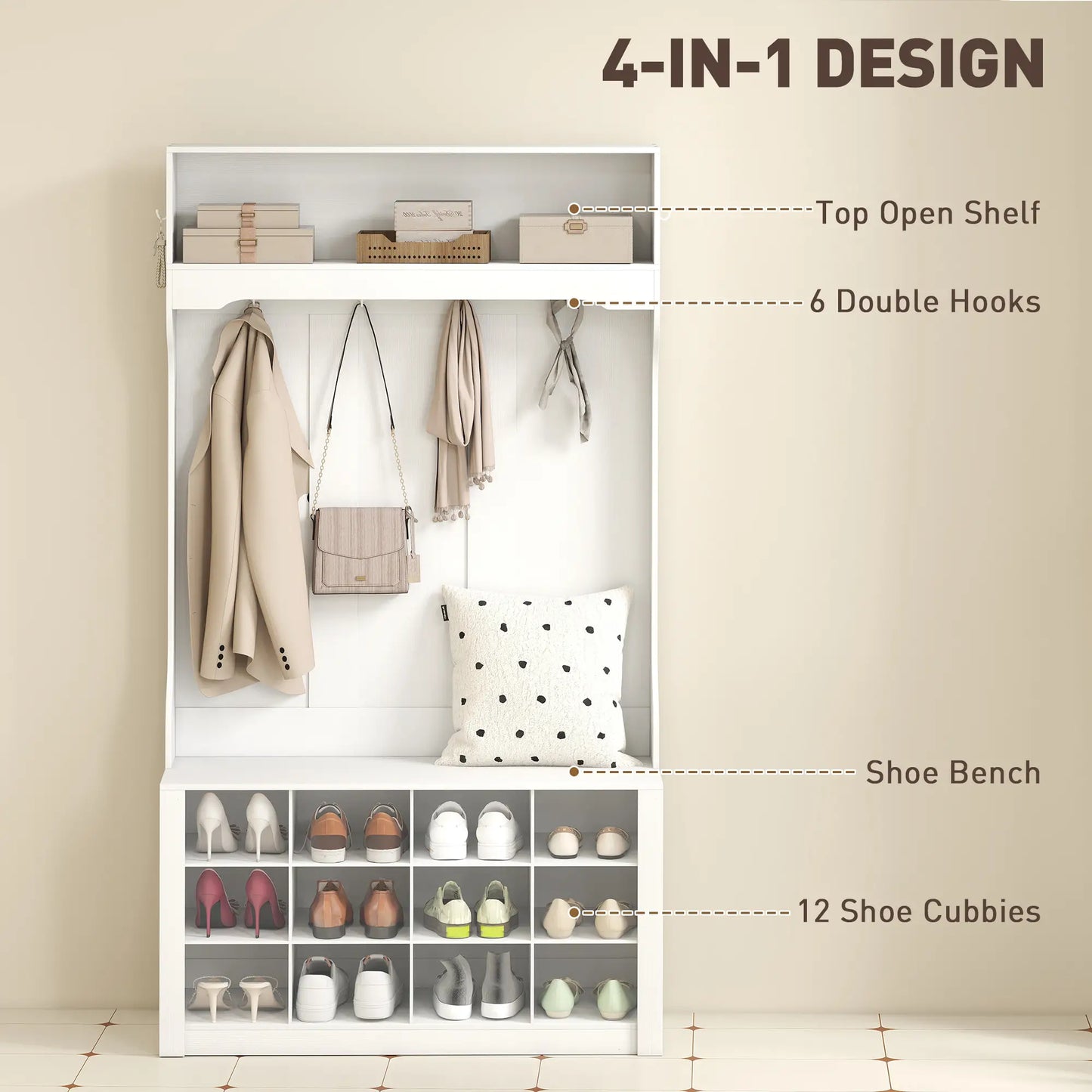 4-In-1 Hall Tree with Bench, Shoe Storage, 12 Cubbies, 6 Hooks, White Clothing Storage at Gallery Canada
